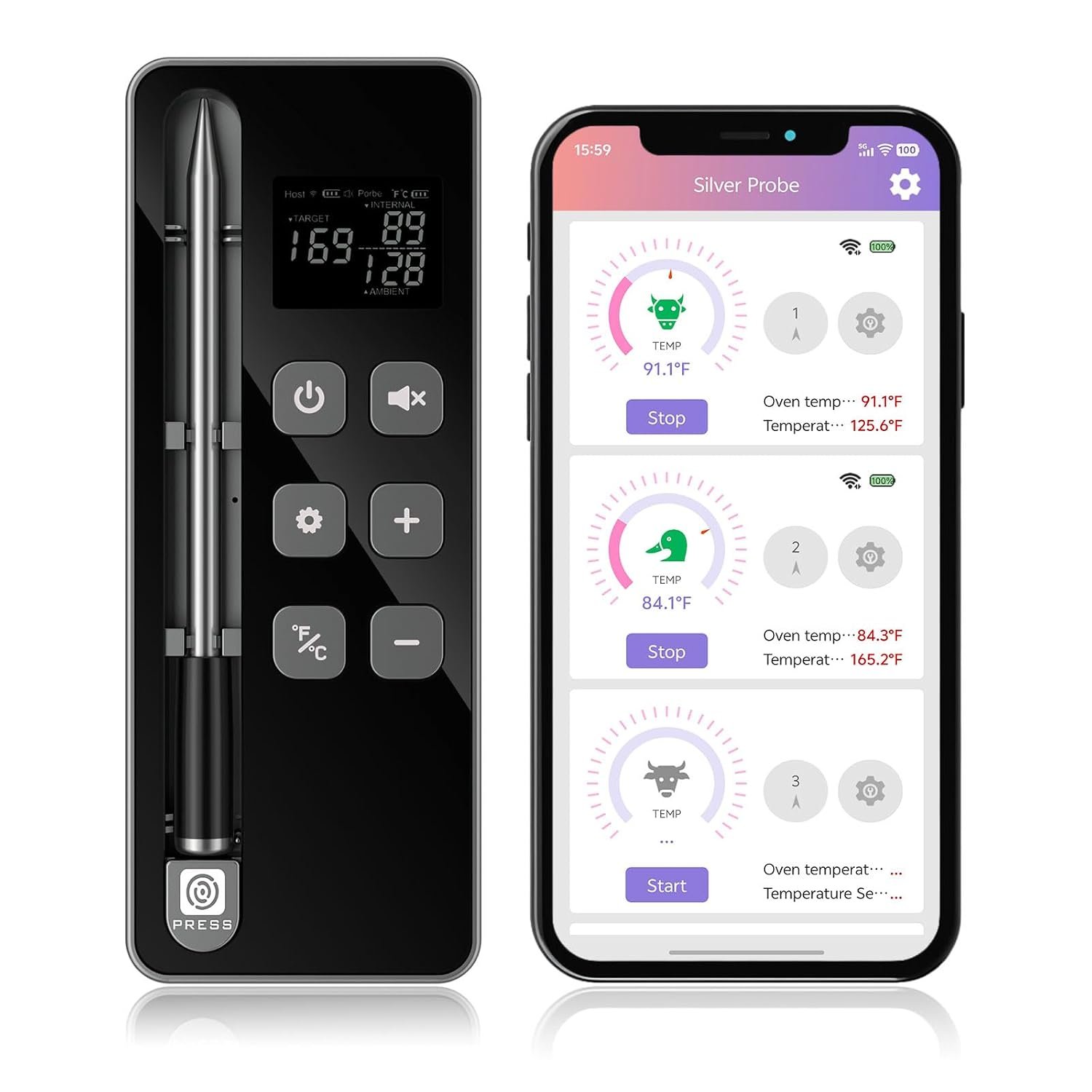 Smart Wireless Meat Thermometer with Display Base, WiFi & App (Silver) | Ultra-Thin Heat-Resistant Probes, 10X Long-Range Signal, for BBQ, Grill, Oven & Smoker, iOS & Android