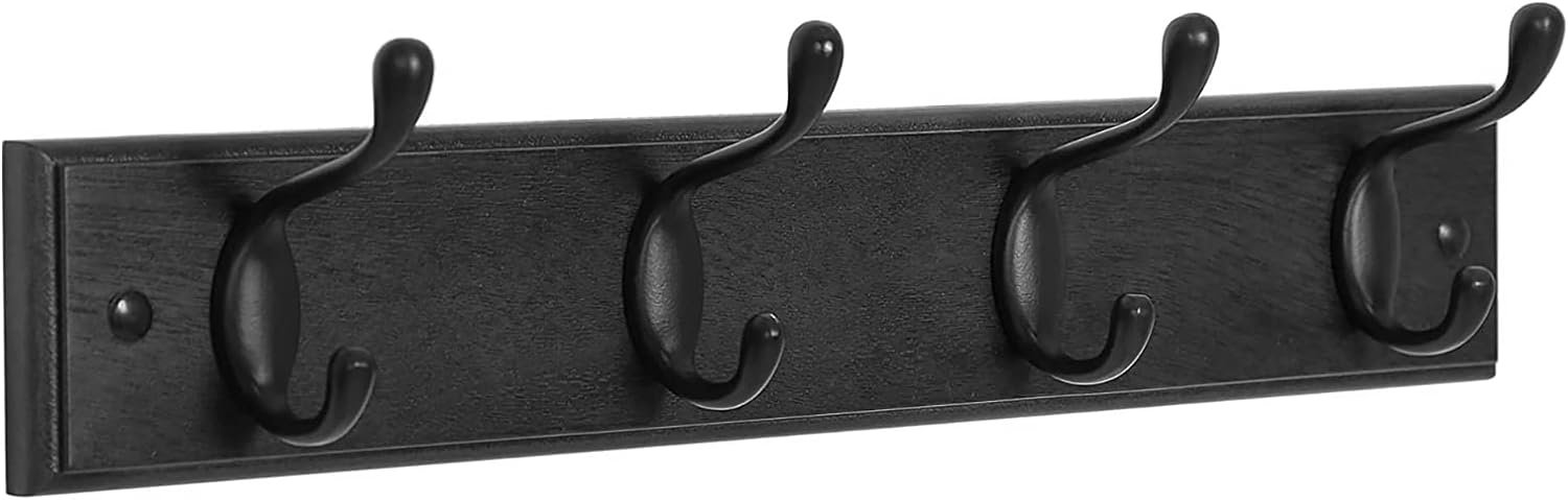 SONGMICS Wall-Mounted Coat Rack, Hook Rack, 4 Dual Metal Hooks, Black | For Coats, Bags, Keys, in the Entryway, Bedroom, Living Room ULHR023B01