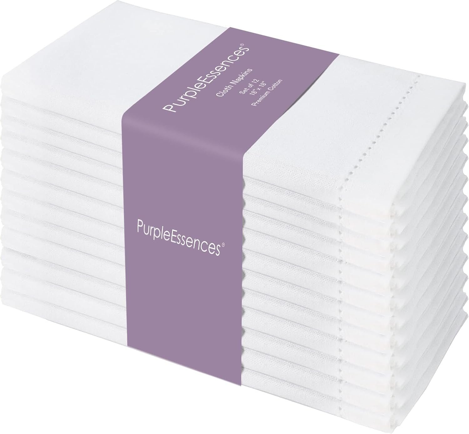 PurpleEssences Set of 12 Hemstitch Cloth Dinner Napkins 100% Cotton – Soft Durable Washable – Ideal for Wedding Spring Easter Summer – Perfect Everyday Use Table Linen 18×18 – White