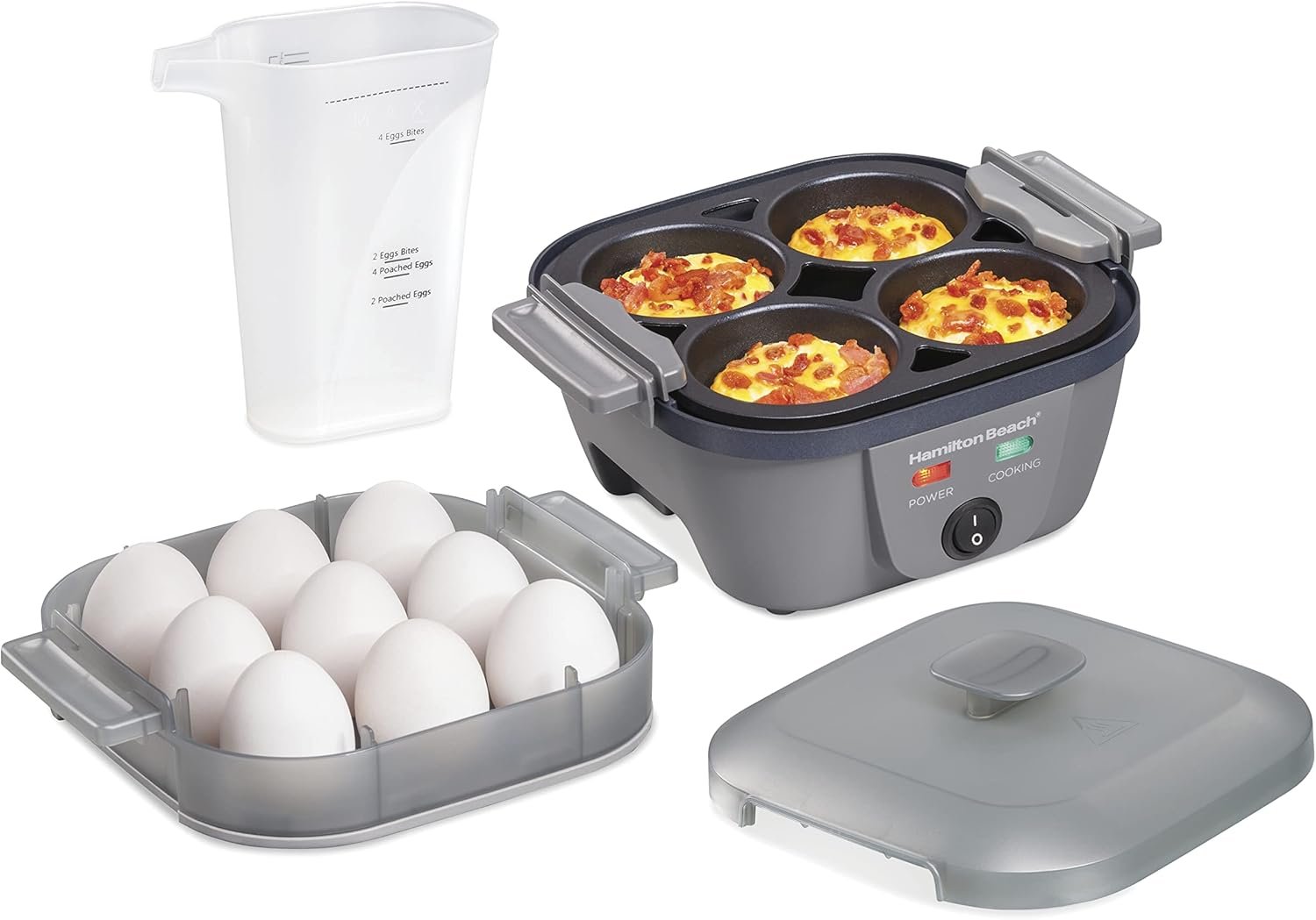 Hamilton Beach 6-in-1 Electric Egg Cooker for Hard Boiled Eggs, Sous Vide Style Egg Bite Maker and Poacher, 5.25” Non-Stick Skillet for Omelets, Scrambling & Frying, Grey (25510) | Sous Vide Style Egg Bite Maker | Egg Poacher | 5.25” Non-Stick Skillet for Omelets, Scrambling & Frying | Grey |25510MN