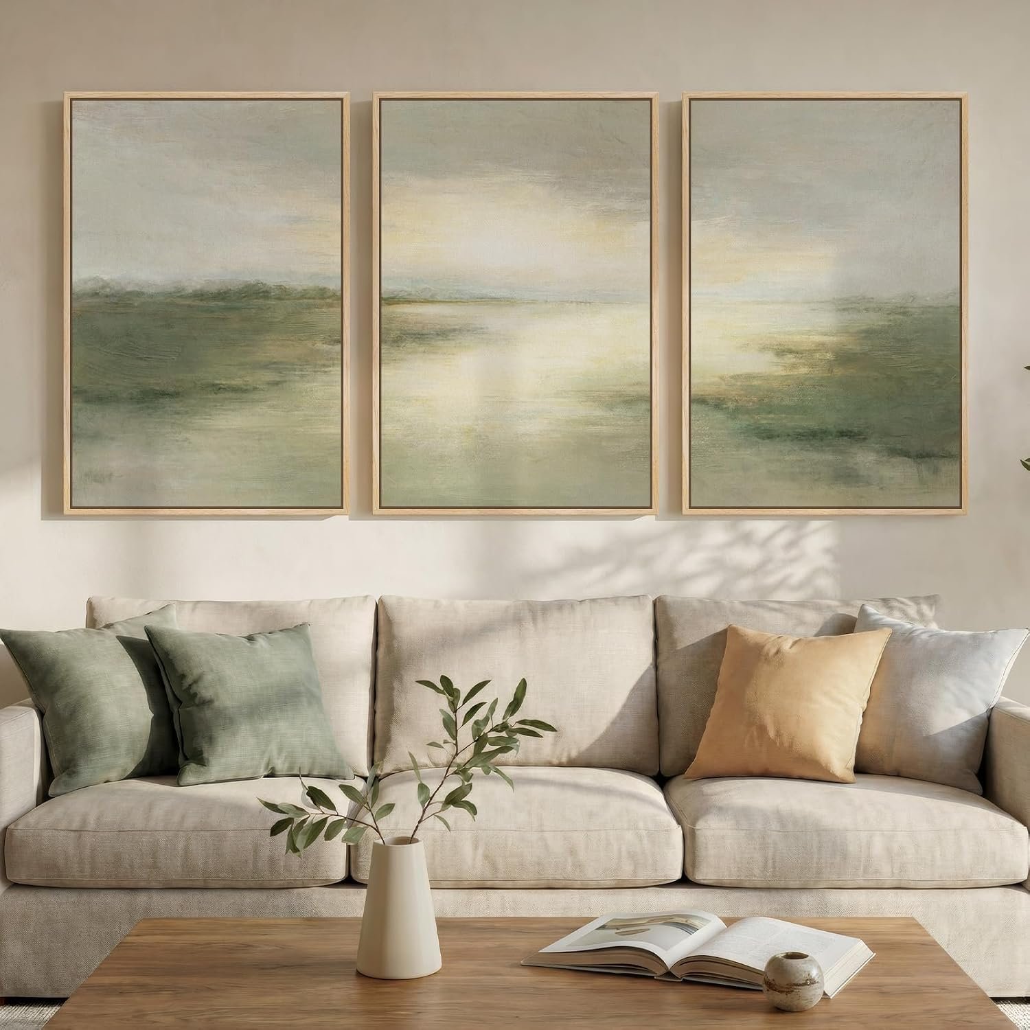 Large Framed Sage Green Abstract Landscape Wall Art for Living Room, 24×36 | Green nature pictures, Canvas print, Wood frame, 3 piece paintings, Modern rustic artwork, Wall decor for bedroom dining room