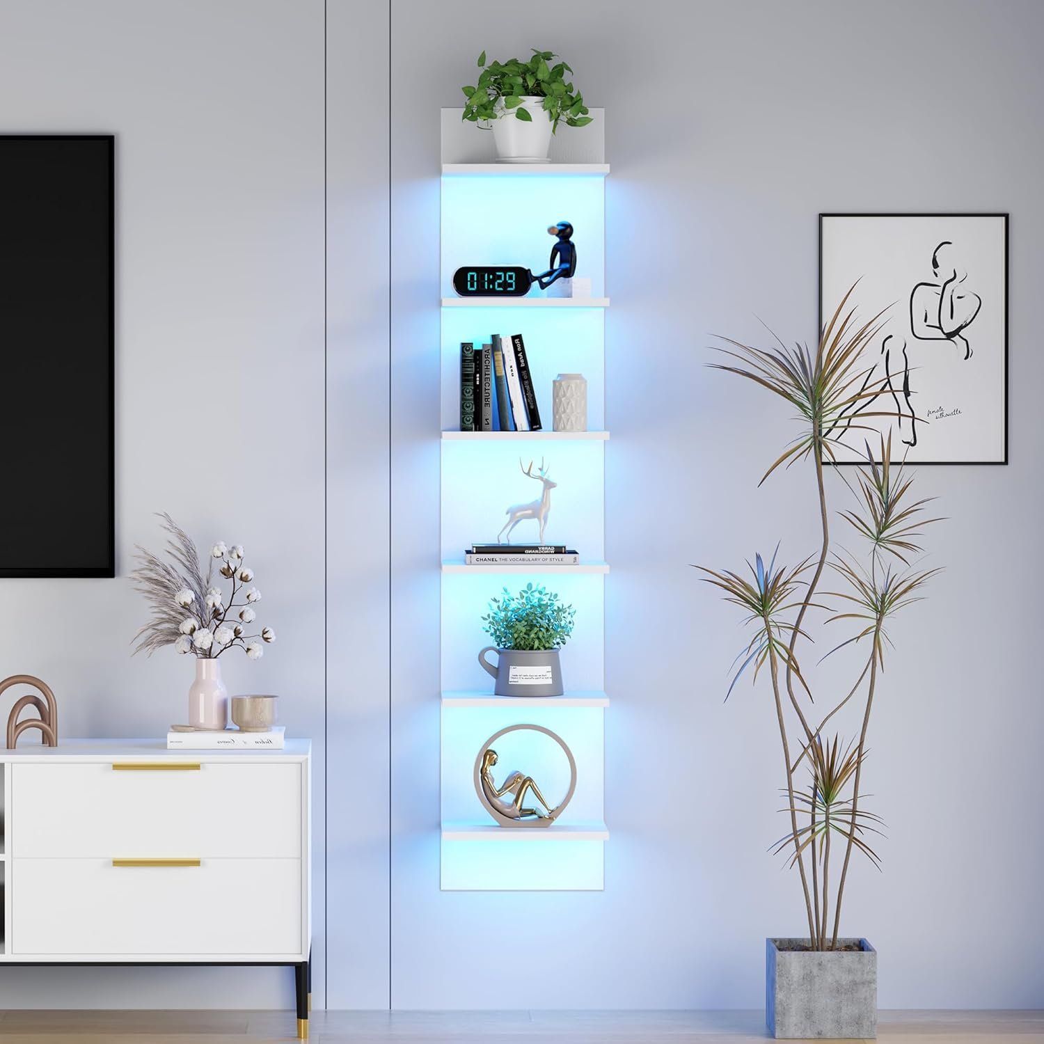 Qupui 6-Tier Wall Shelf with RGB LED, 57″ Floating Storage, White | RGB 16 Million Colors, 22 Modes, 6 Brightness. Waterproof Particleboard. Each Tier Holds 10 Lbs. Wall-mounted. For Bedroom