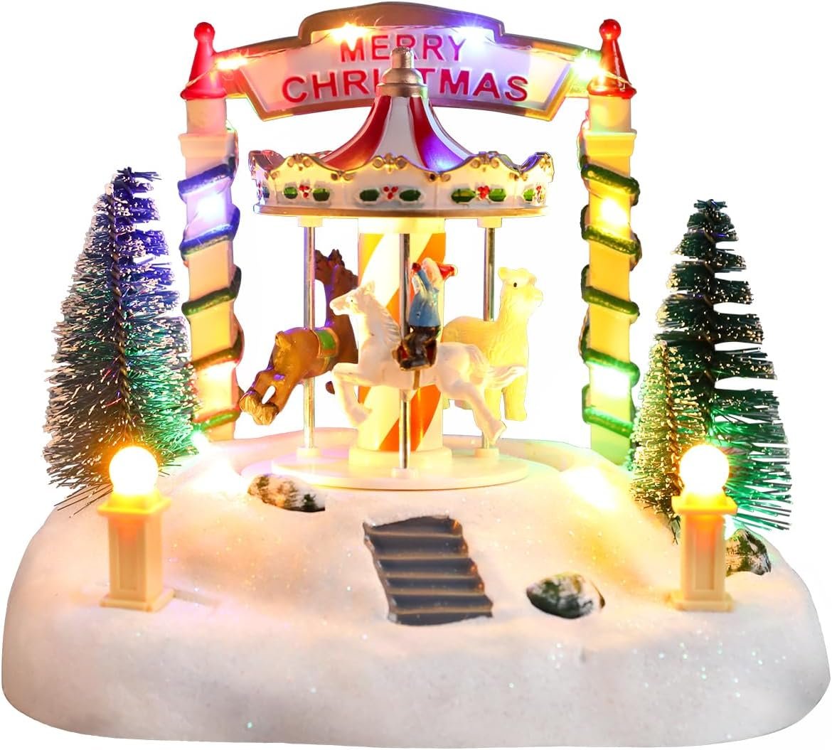 Bdor Christmas Carousel Tabletop Decoration – Lighted Musical Merry-Go-Round with Reindeer and Trees – Battery Operated Christmas Scene – 7.5″x5.5″x6″ Holiday Centerpiece with LED Lights and Music