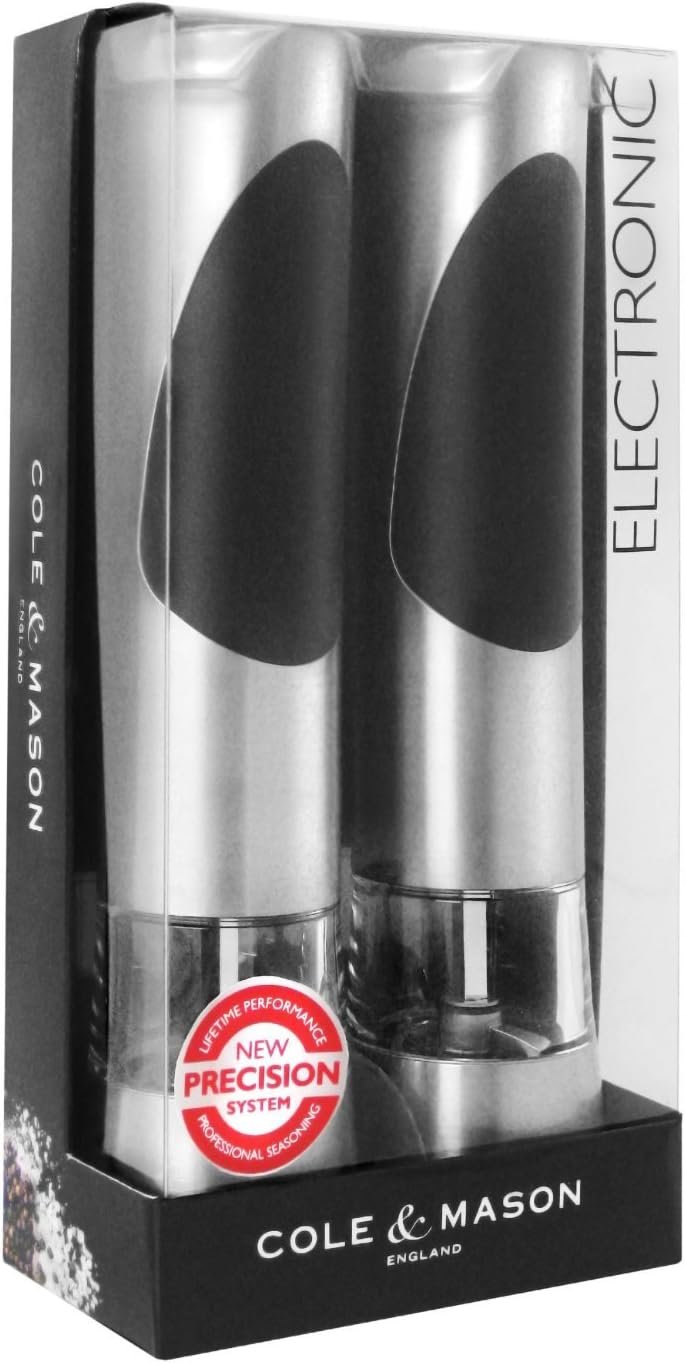 Cole & Mason Richmond Electronic Salt & Pepper Mill Gift Set – One-Button Electric Spice Grinder with Large Grinding Chamber – Requires 6 AAA Batteries – Hand Wash Kitchen Tool – Stainless Steel