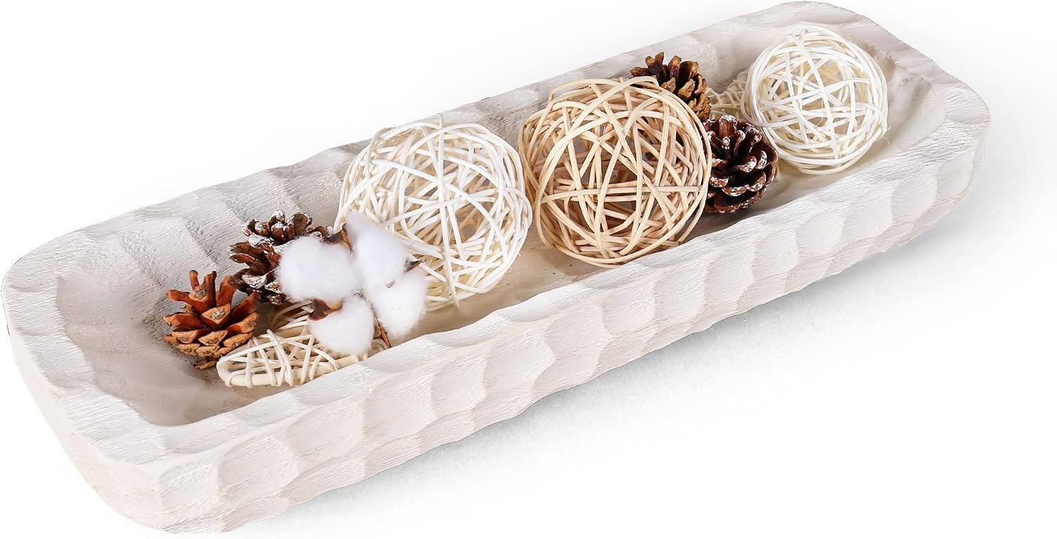 Oakrain Decorative Bowl for Home Decor Wood 16″ Long Dough Bowl Hand-carved | Table Centerpieces with Irregular Texture, Wooden Tray Accents for Farmhouse Boho Rustic Style, Washed White