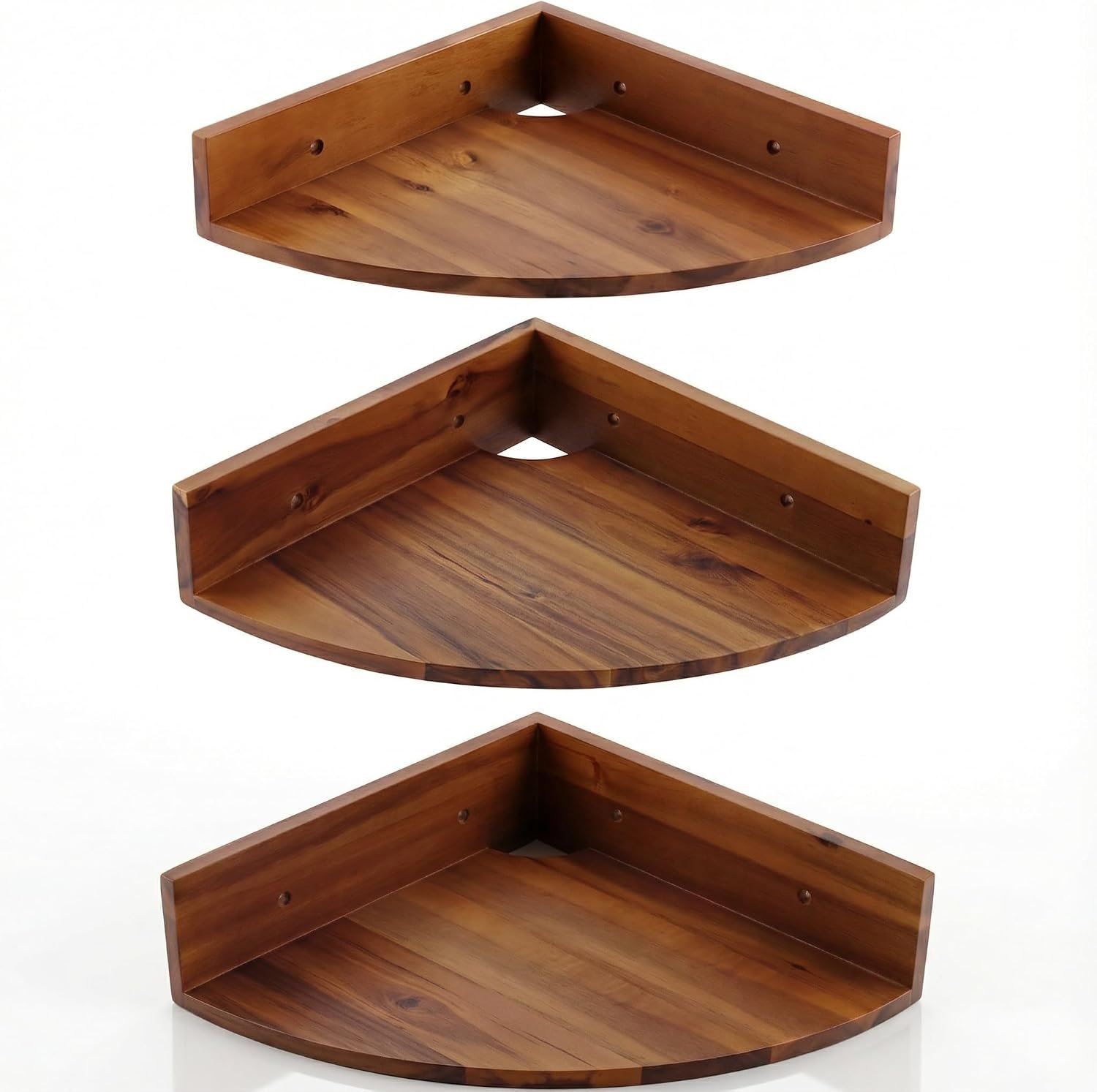 Demigo Corner Shelf Wall Mount Set of 3, Solid Acacia Wood Round Floating Corner Shelves for Storage and Display, Hanging Wood Shelves for Bedroom, Kitchen, Living Room, Bathroom (Brown) | Hanging Wall Storage for Bedroom, Kitchen, Living Room & Bathroom, Space Saving Home Decor