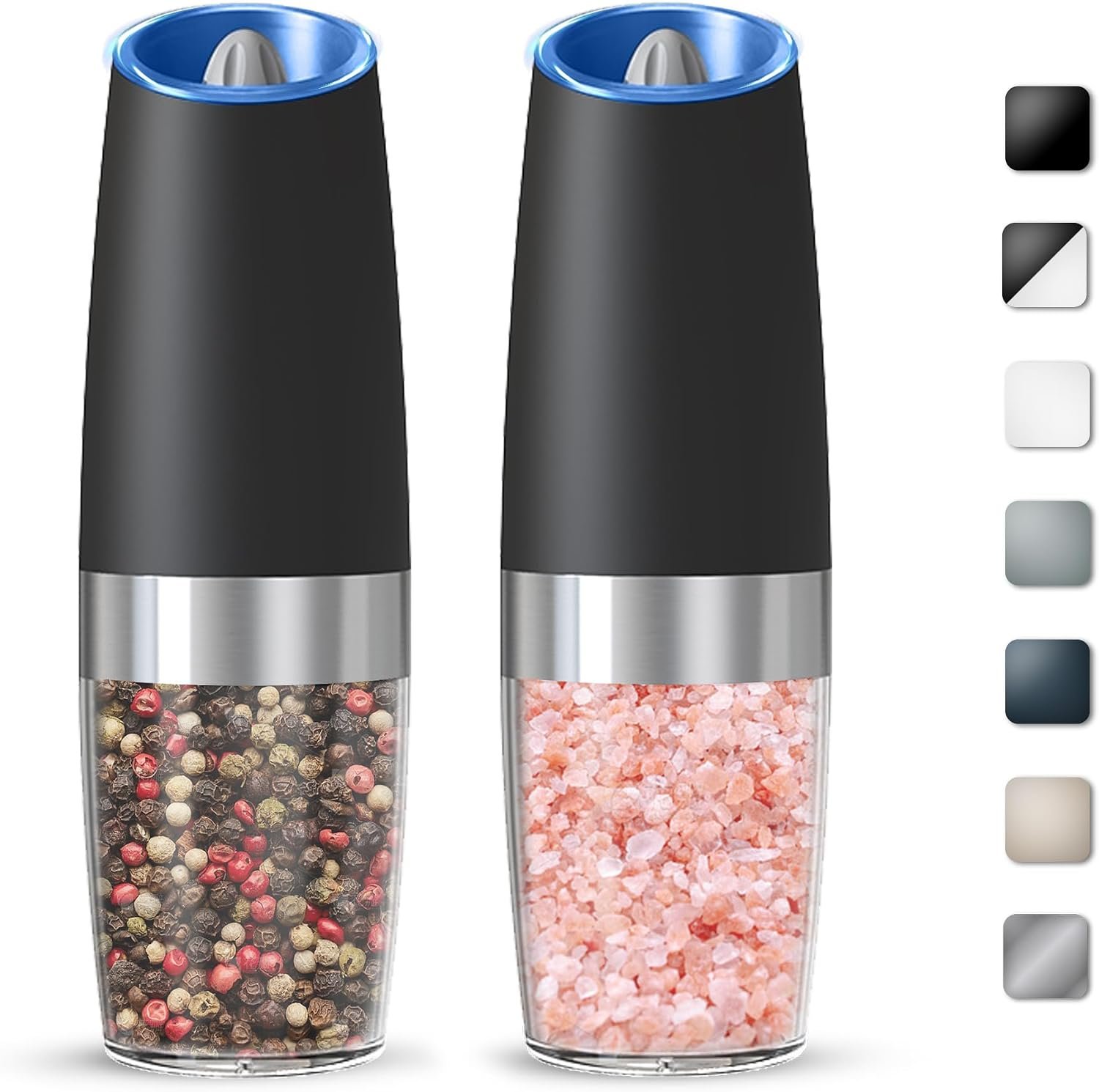 Battery Gravity Salt Pepper Grinder Set, 2 Pack (Black) | Gravity Automatic Grinder With LED Light & Adjustable Roughness, Each Requires 6 AAA Batteries For Kitchen Daily Seasoning