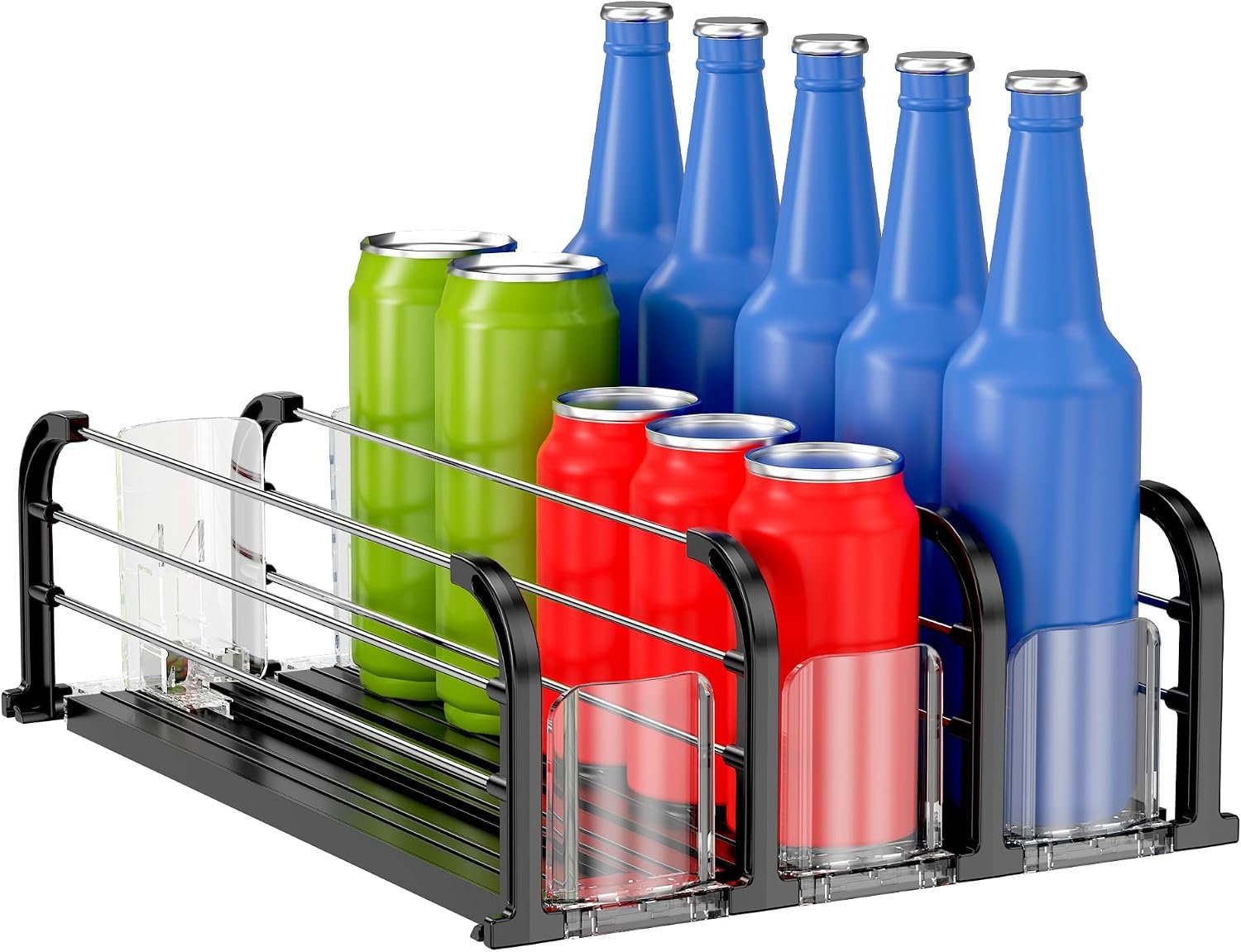 Fridge Drink Organizer, Soda Can Dispenser Black, 3 Rows | Self-pushing glide, for soda, beer, seltzer, pantry, cooler, kitchen, black, fits standard cans, space-saving