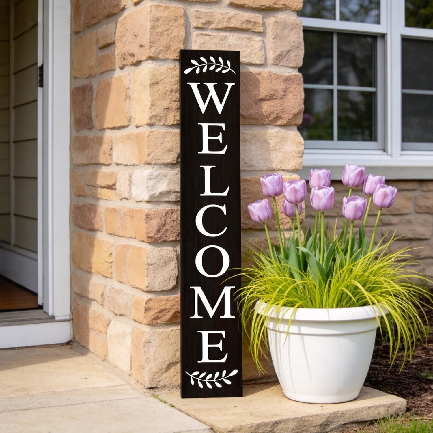 Welcome Sign for Front Porch, 47″ Large Wooden Welcome to Our Home Sign Door Hanging Standing Plaque, Farmhouse Vertical Outdoor Porch Decorations for Yard Patio Entrance, Black