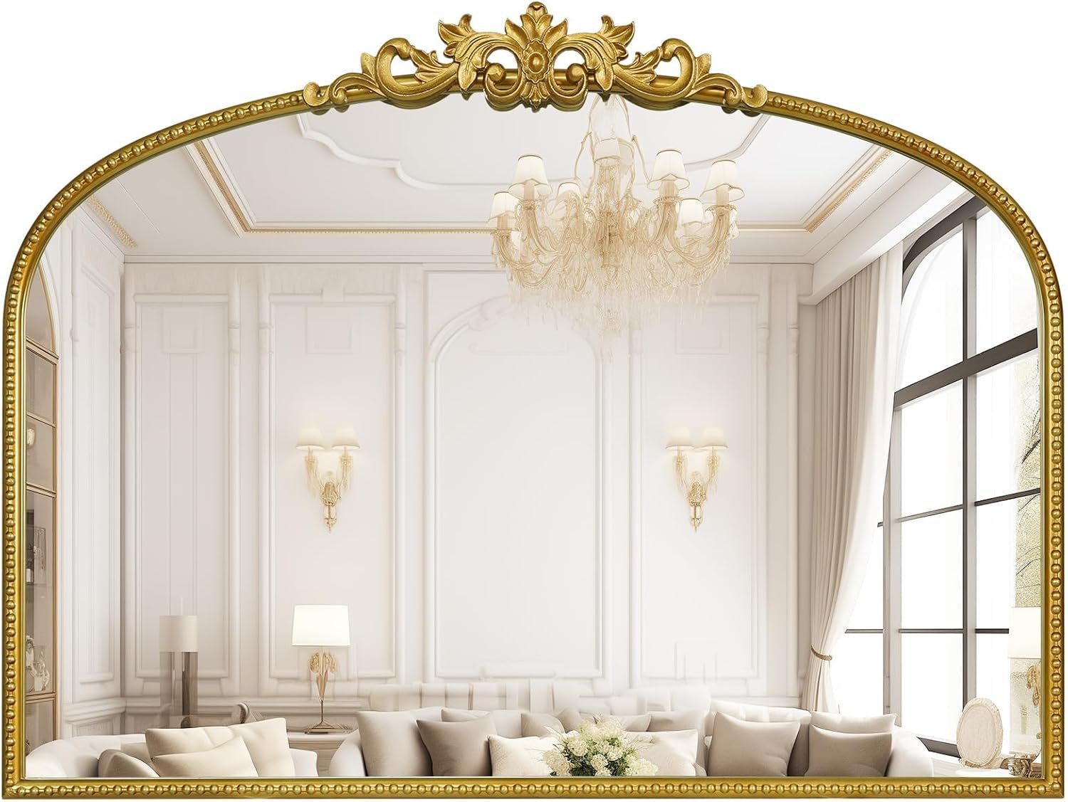 Gold Vintage Mirror for Vanity 32×24 Inch, Gold Antique Mirror with Ornate Frame, Arched Vintage Wall for Bathroom, Living Room, Fireplace, Entryway