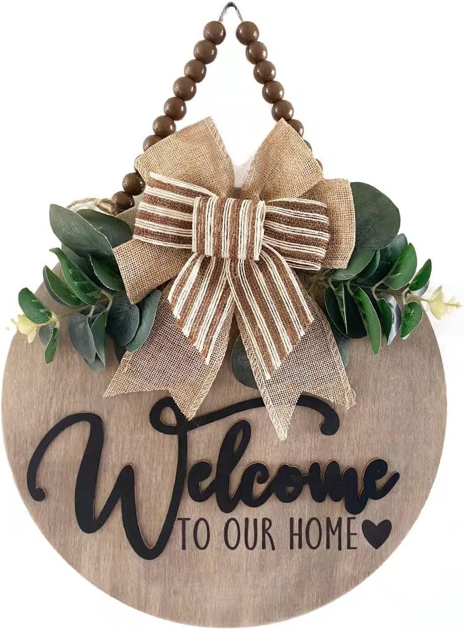 3D Welcome Sign for Front Door | Home/Farmhouse Porch Décor Wooden Hanging Sign with Artificial Leaves and Rustic Beads | Christmas Classroom |12″ Round