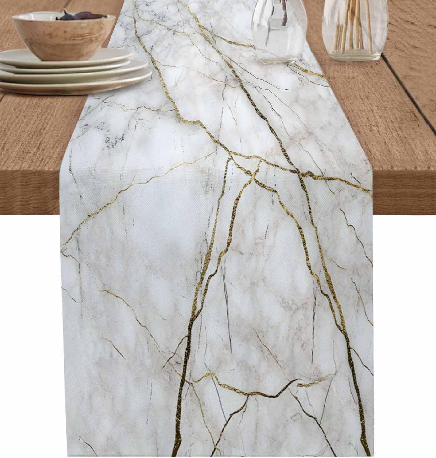Marble Table Runner-Cotton Linen-Long 90 inche White Gray Gold Dresser Scarves,Texture Tablerunner for Kitchen Coffee/Dining/Sofa/End Table Bedroom Home Living Room,Scarfs Decor for Holiday Dinner
