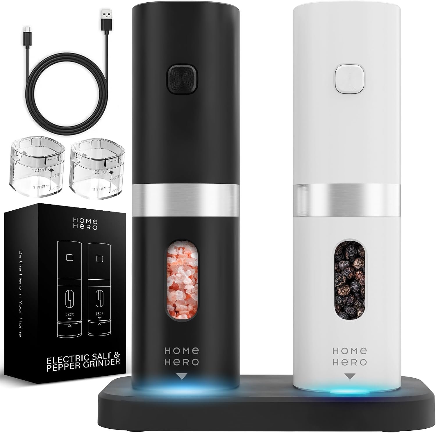 Home Hero Electric Salt and Pepper Grinder Set – Automatic Salt and Pepper Grinder Set Rechargeable. Electronic Salt and Pepper Shakers with LED Light, Electric Pepper Grinder & Salt Grinder, Set of 2