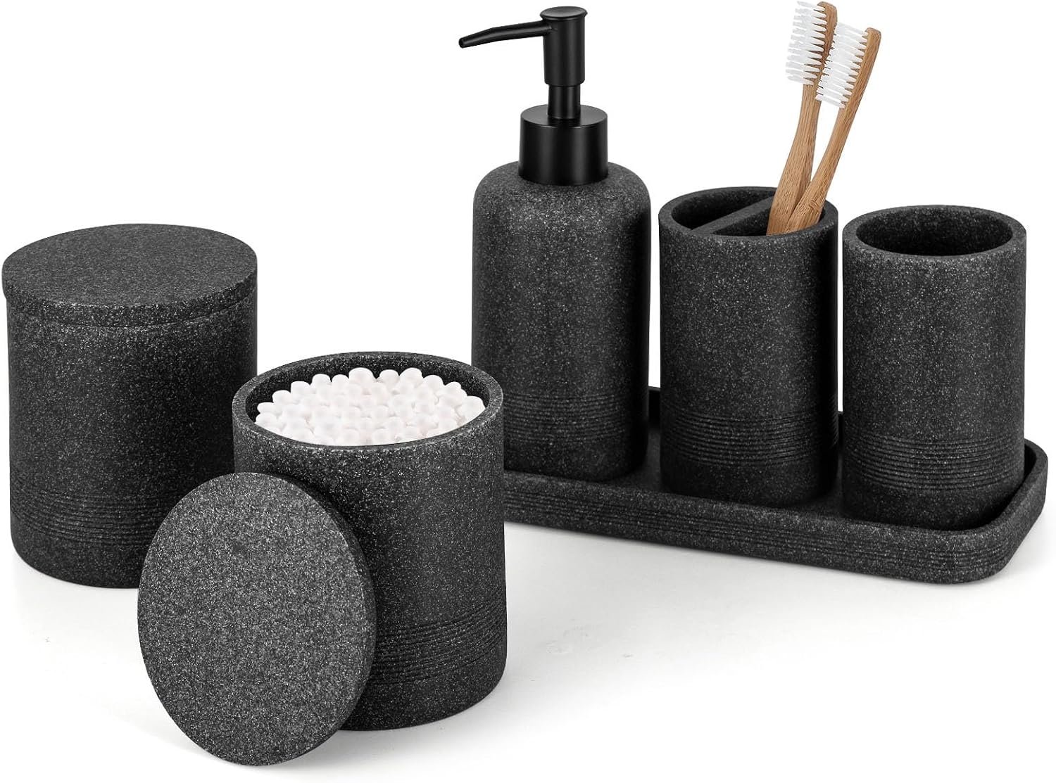 Black Stone Bathroom Accessories Set 6 Pieces – Toothbrush Holder, Lotion Dispenser, Qtip Container, Vanity Tray, Tumbler – Countertop Organizer for Bathrooms – Elegant and Functional Décor Set