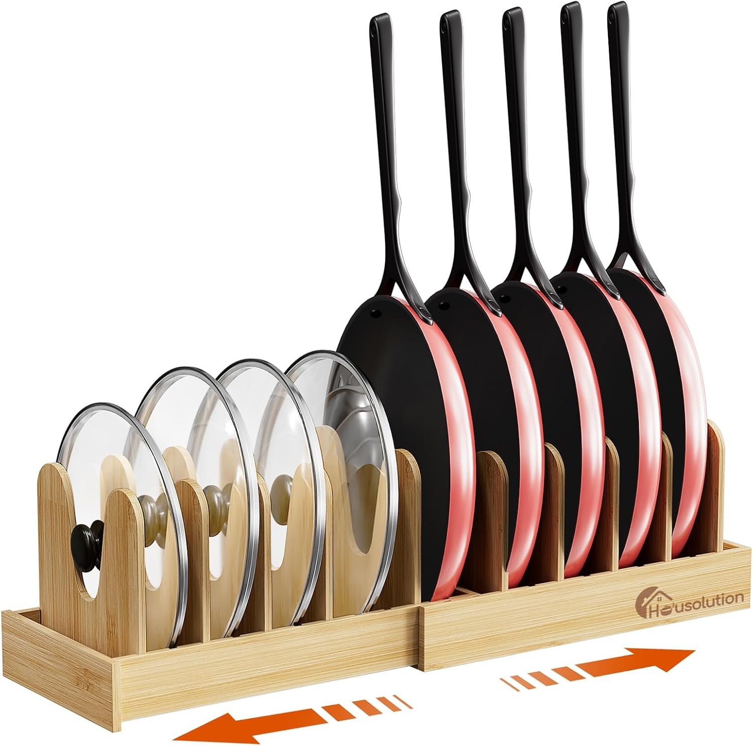 Housolution Bamboo Pot and Pan Lid Organizer Holder Storage Rack | 15″-29″ Expandable, 10 Adjustable Dividers, Upgrade Solid Wooden Base, Easy Assembly