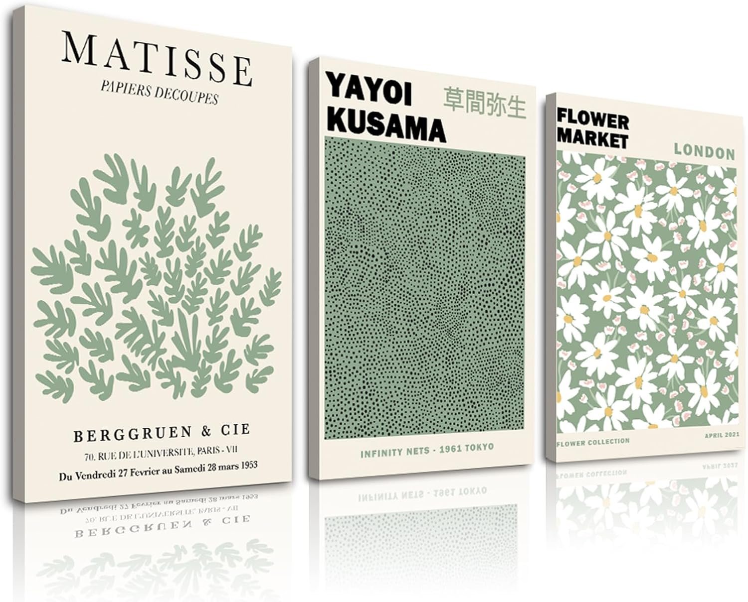 Sage Green Wall Art Framed Set of 3,Abstract Green Wall Decor Flower Market Wall Art Prints,Green Matisse Wall Art Minimalist Modern Wall Decor Living Room,Beige Green Boho Botanical Wall Art for Bedroom Bathroom-“12″x”16”