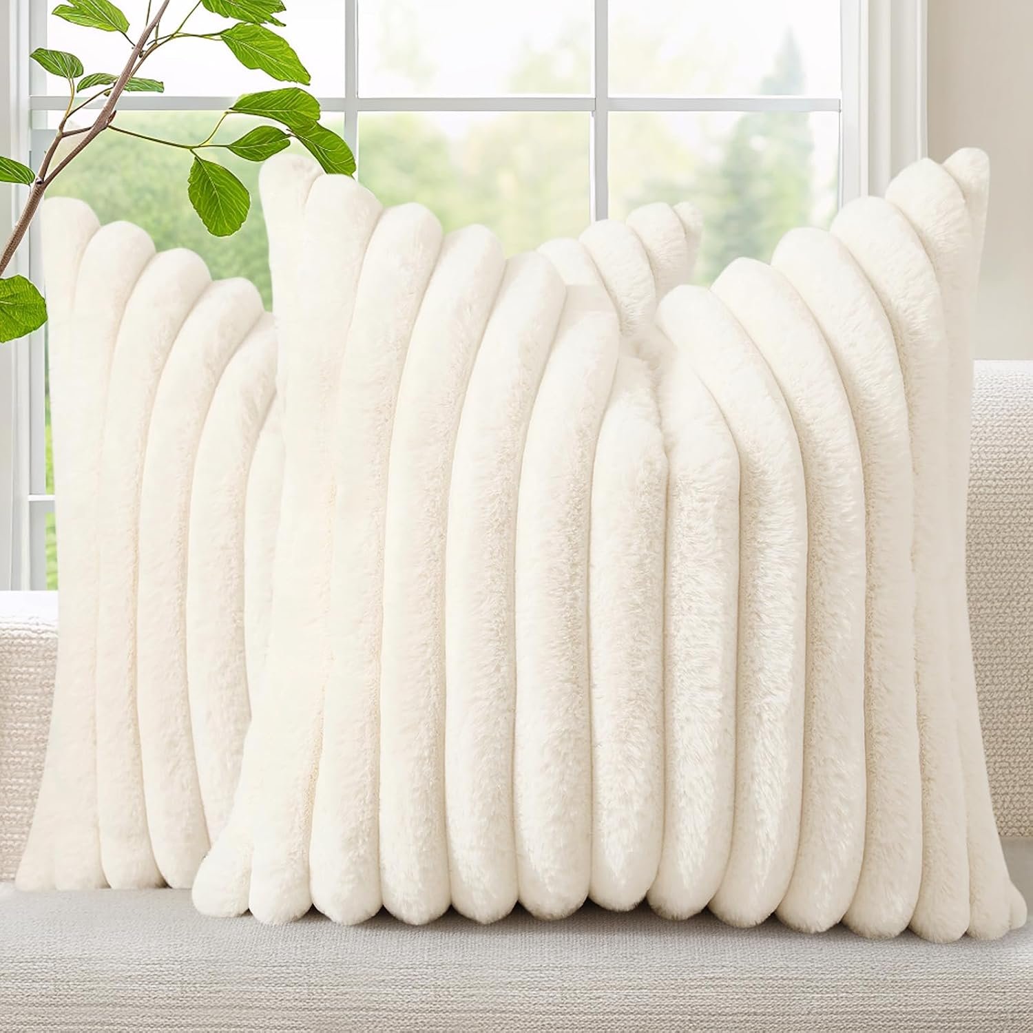 decorUhome Fall Faux Fur Throw Pillow Covers 18×18 Set of 2 Cream White | Decorative Soft Cozy Striped Plush Modern Farmhouse Boho Couch Pillow Cases Velvet Back for Sofa Bed Living Room Home Decor