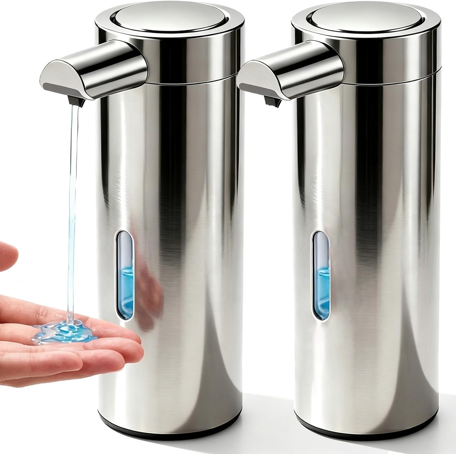 Automatic Soap Dispenser, 2-Pack, 12 fl oz, Stainless Steel, Touchless | Liquid Hand Soap Dispenser, Variable Dispense, Rechargeable, No-Drip Spout, For Kitchen and Bathroom (Silver)