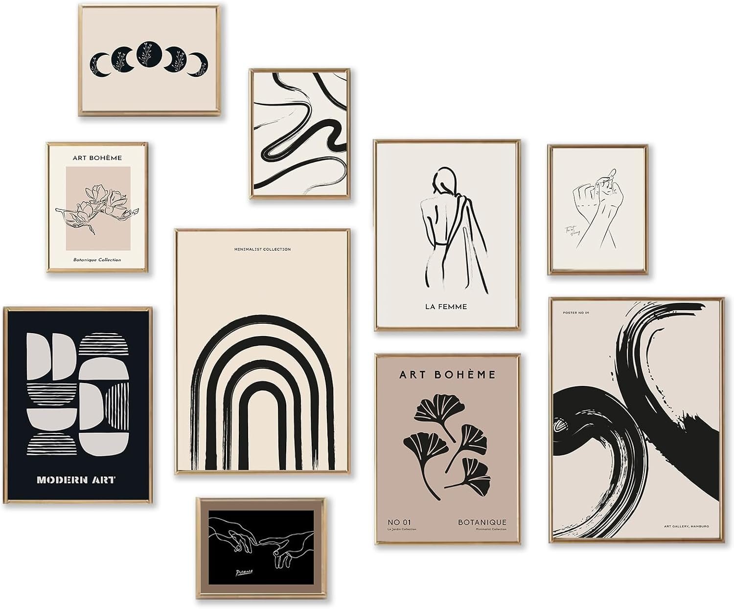 KBKBART Minimalist Boho Wall Art Prints, 10 PCs Abstract Neutral Black Beige Women Body Line Flower Canvas Art, Eclectic Home Decor for Room