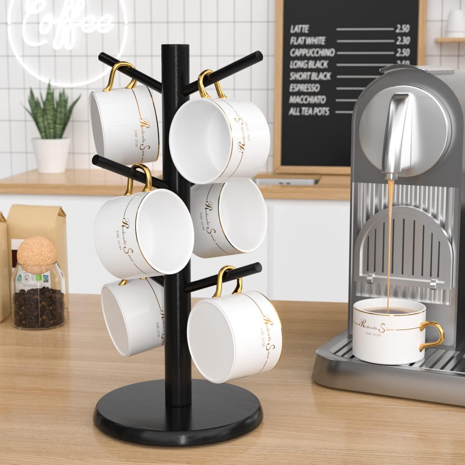 Bamboo Coffee Mug Tree with 6 Hooks, Black Coffee Cup Holder for Countertop | Decorative Bamboo Mug Holder with 6 Hooks, Non-Slip Wooden Base, Easy-Access Mug Rack for Kitchen Coffee Bars Kitchen