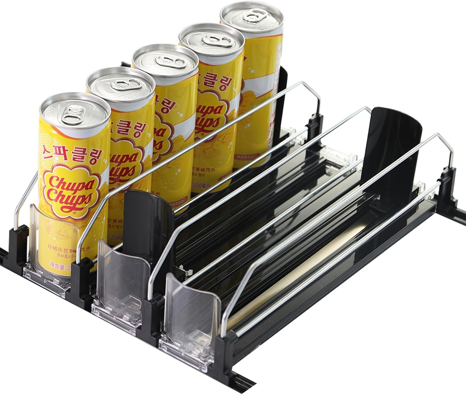 Soda organizer for Fridge, Automatic Push Drink Organizer for Refrigerator – Adjustable Width (Holds 15 Cans), Durable Beer & Drink Dispenser with Self-Pushing Glide System, Black