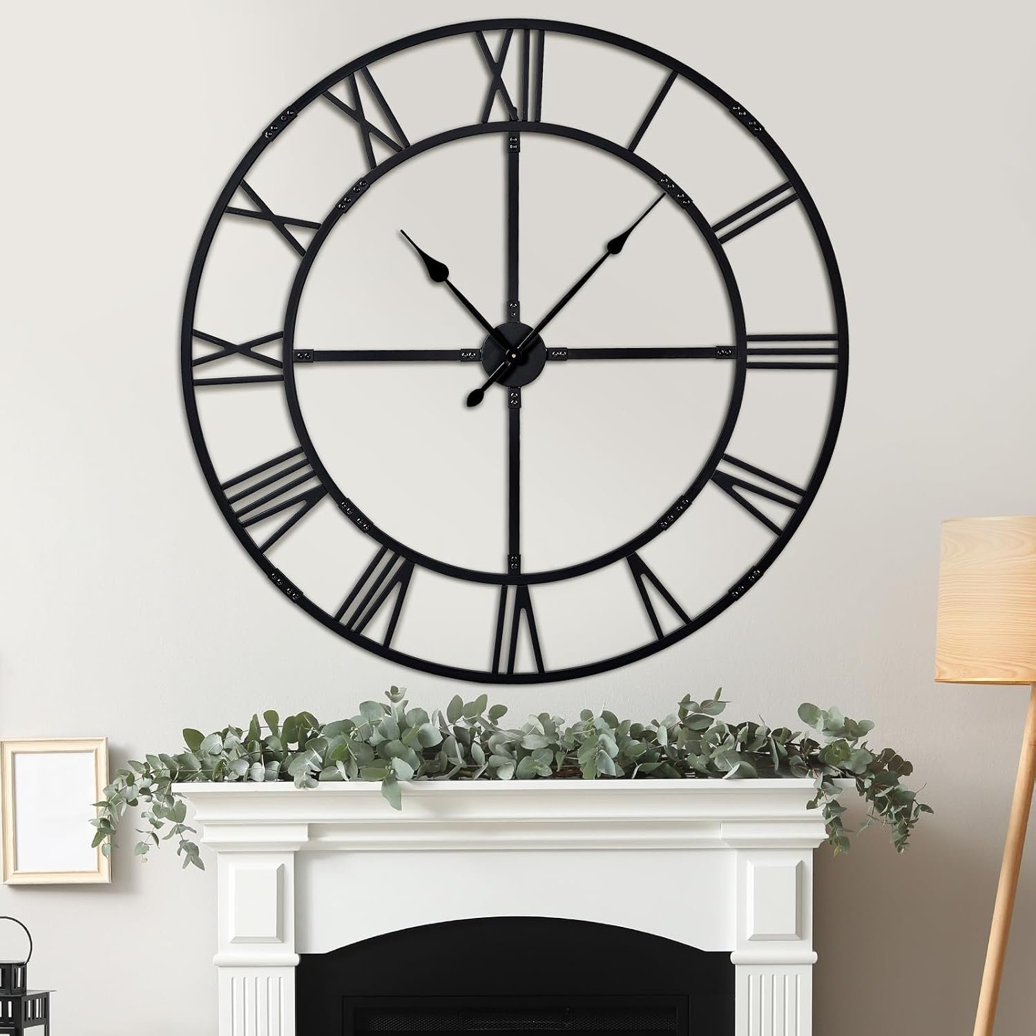 48in Large Silent Wall Clock, Easy Assembly Roman Numeral Black | Non-ticking metal farmhouse wall clock, easy assembly, oversized living room decorative decor