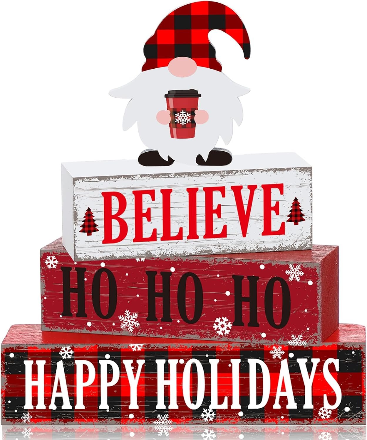 Geelin 4 Pcs Christmas Wooden Table Decorations Xmas Red and White Buffalo Plaid Signs Rustic Happy Holiday Tiered Tray Decor Xmas Gnome Tabletop Centerpieces for Home Desk Room Kitchen Shelf