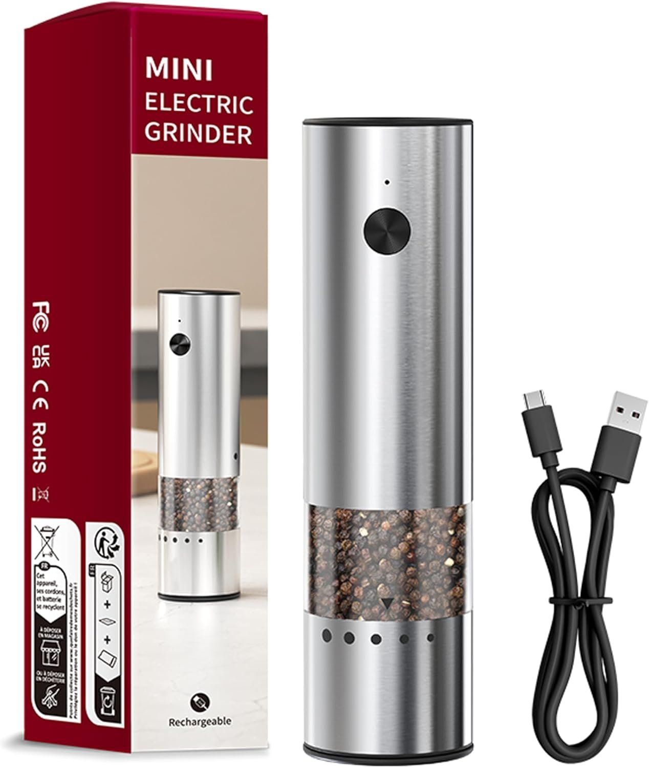 Mini Electric Salt and Pepper Grinder Stainless steel, USB Rechargeable, Small Automatic Salt Pepper Mill Grinder, Travel/Outdoor BBQ/Children, One-Button Control,External Adjustable Coarseness