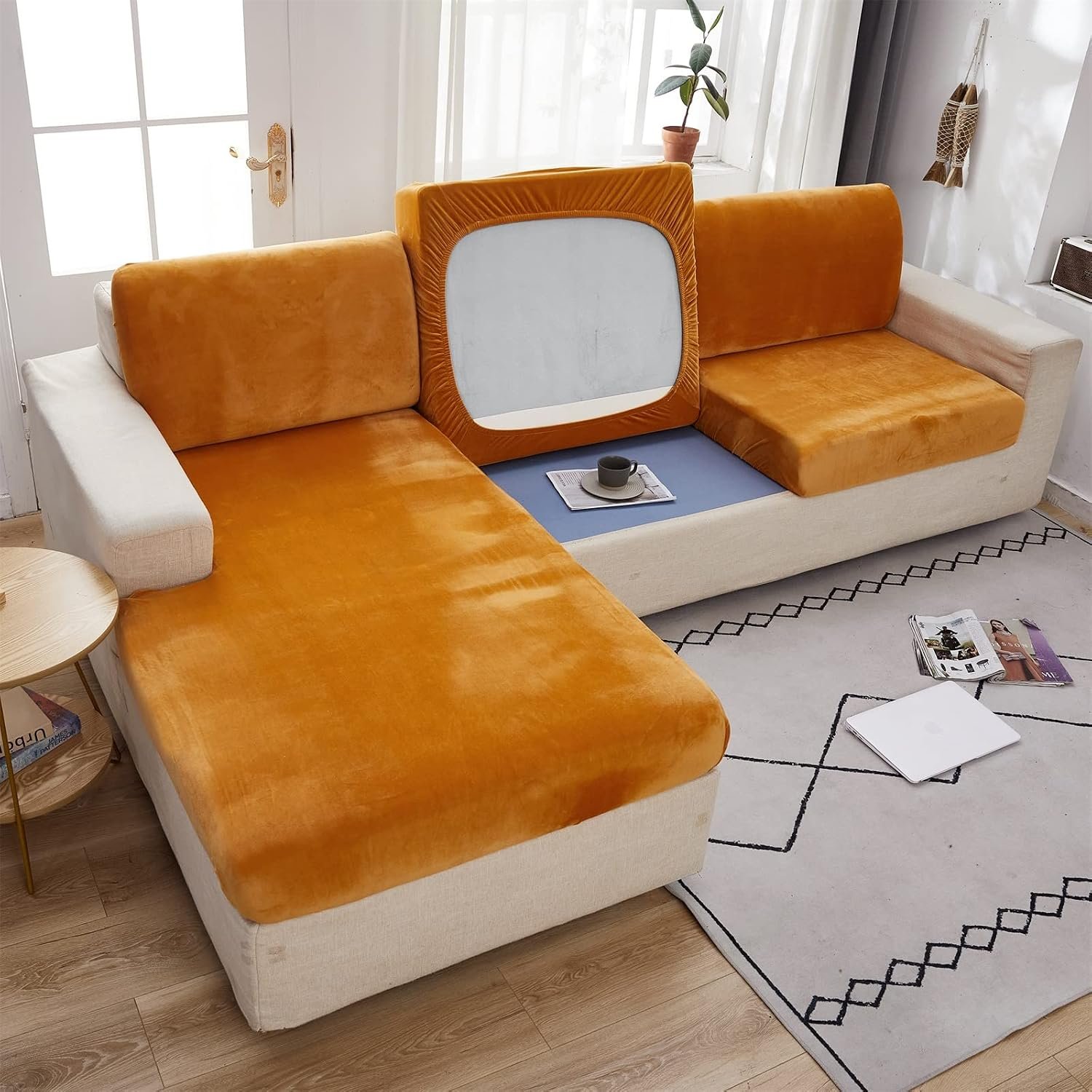 MIFXIN Velvet Stretch Couch Cushion Slipcover Sofa Cover 1 Piece Universal Elastic Sofa Seat Couch Cover Furniture Protector (Orange, Backrest Cover)