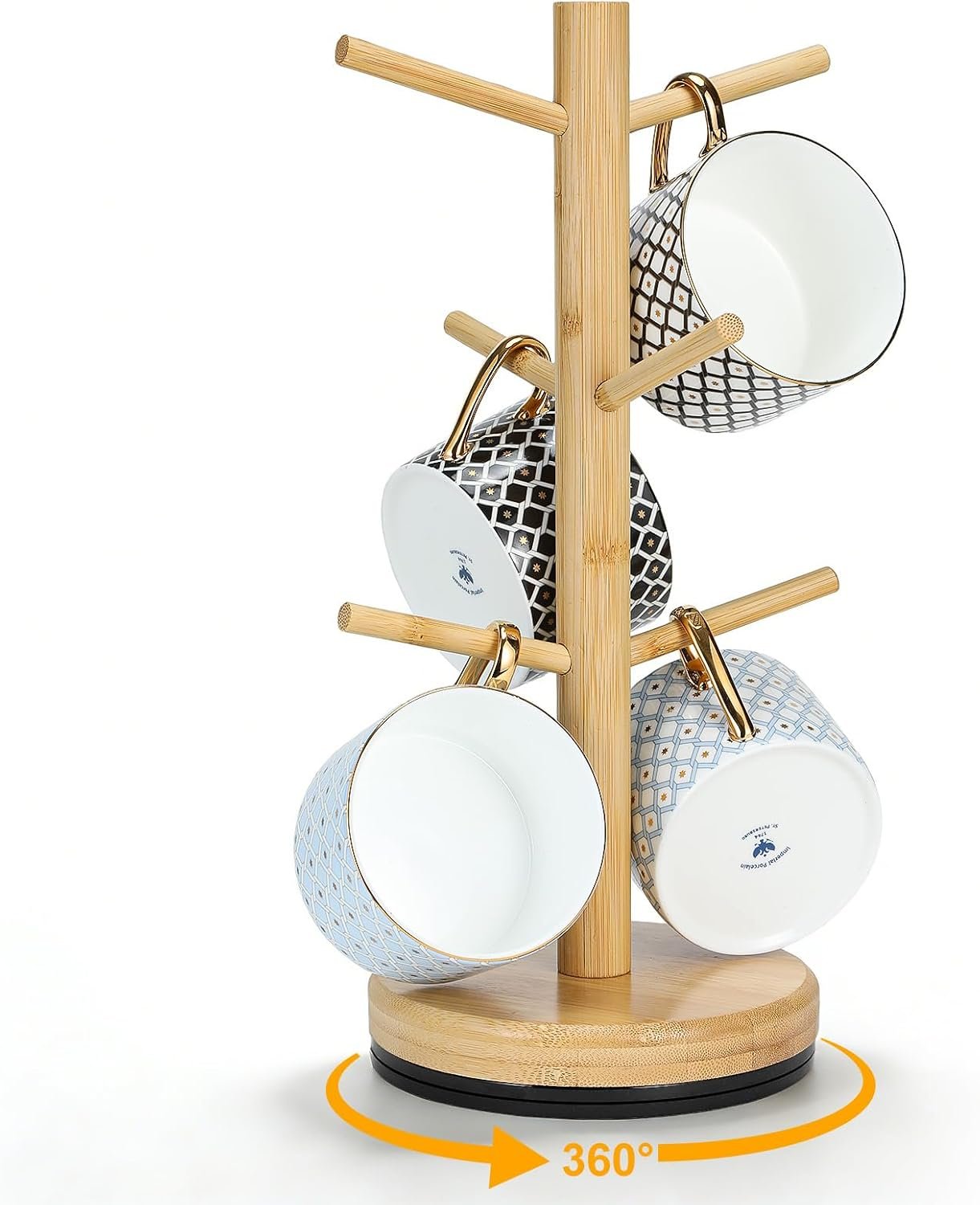 360° Rotated Mug Holder Tree with 6 Hooks, Upgraded Bamboo Mugs Holders for Counter, Non-Slip Cup Stand Organizer for Coffee Bar Accessories