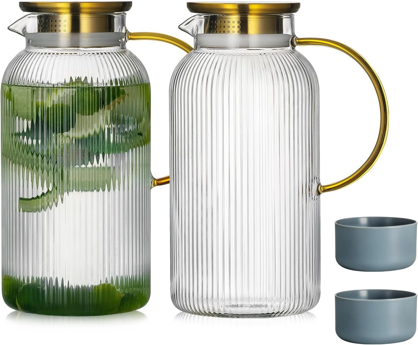 Buaic 2 PACK Glass Pitcher with Lid, 68 oz Glass Carafe with Silicone Base | 2L Classic Vertical Stripes Glass Water Jug with Handle,Glass Water Carafe for Cold Brew,Milk, Iced Sun Tea,Beverage,Cold/Hot