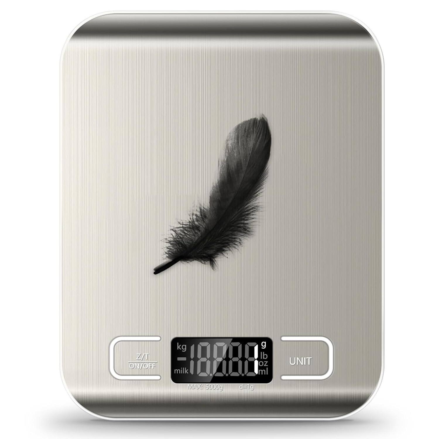 Food Scale, 11lb Kitchen Scale with 6 Units Tare Function & LCD Display, 0.05oz/1g Stainless Steel Digital Food Scale Grams and Ounces for Baking, Cooking, Dieting and Meal Prep (Batteries Included) | 6 Conversion units,Automatic overload,Low battery warning modes,2*AAA Batteries,for Baking, Cooking,Dieting and Meal Prep
