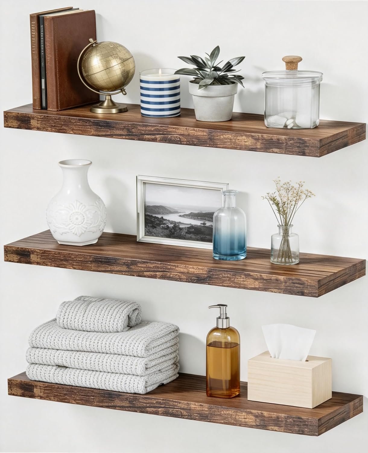 Easy Install 15.6 Inch Floating Wall Shelves Set of 3 Brown | Wooden Wall-mounted Storage &Decor, Sturdy Hanging Over Toilet, For Farmhouse, Living Room, Kitchen, Office, Bathroom Corner