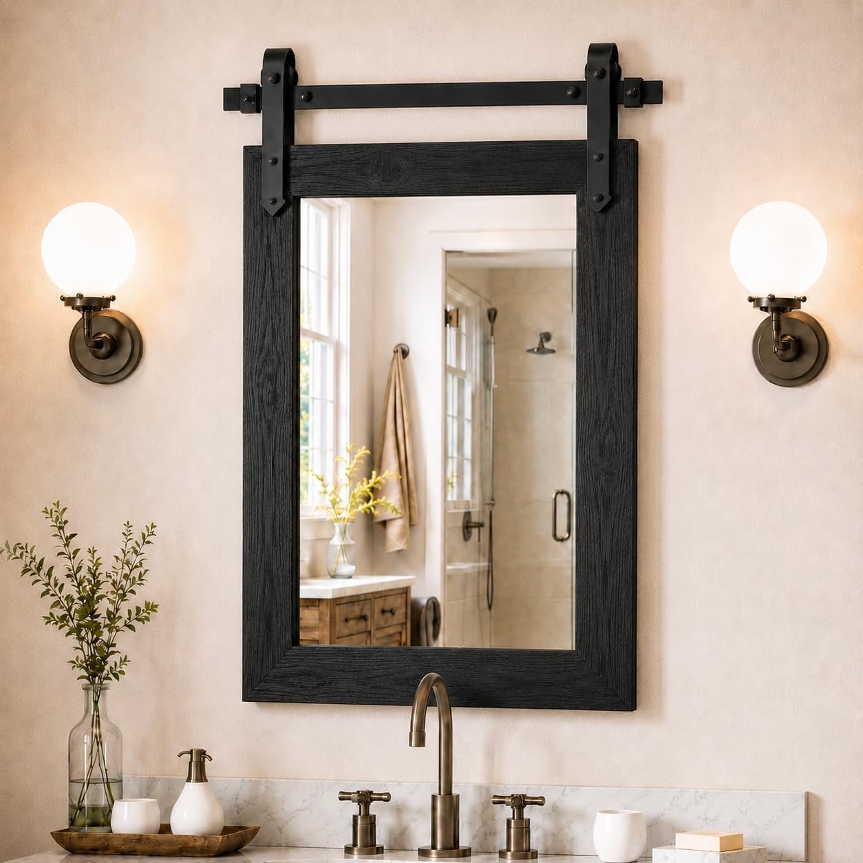 Farmhouse Bathroom Mirror for Over Sink 22”x32” Black, Rustic Western Barn Decor Bathroom Vanity Mirror, Wall Mirror for Bathroom, Living Room, Bedroom, Entryway