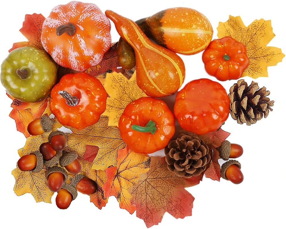 winemana Fall Decorations for Home Mini Pumpkins Gourds & Leaves Set | Thanksgiving Autumn Harvest Table Centerpieces, Cornucopia Basket Bowl Filler, Largest Pumpkin: 4.5″ x 2.1″