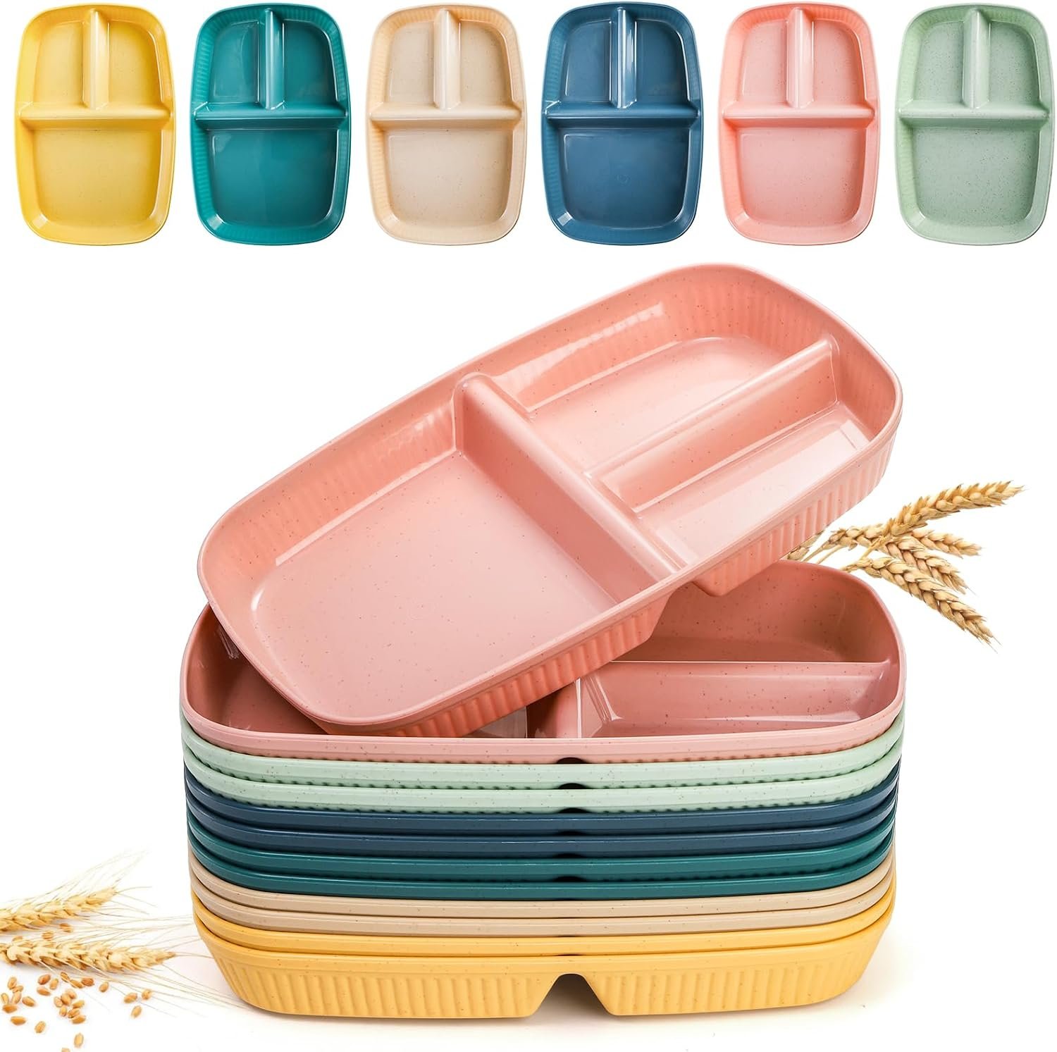 ZAVOOS 12 Pack Divided Plates, 10.5 Inch Reusable Wheat Straw Dinner Plates for Party, 3 Compartment Sectioned Unbreakable Food Tray for Balanced Meal, Portion Control, Microwave Dishwasher Safe