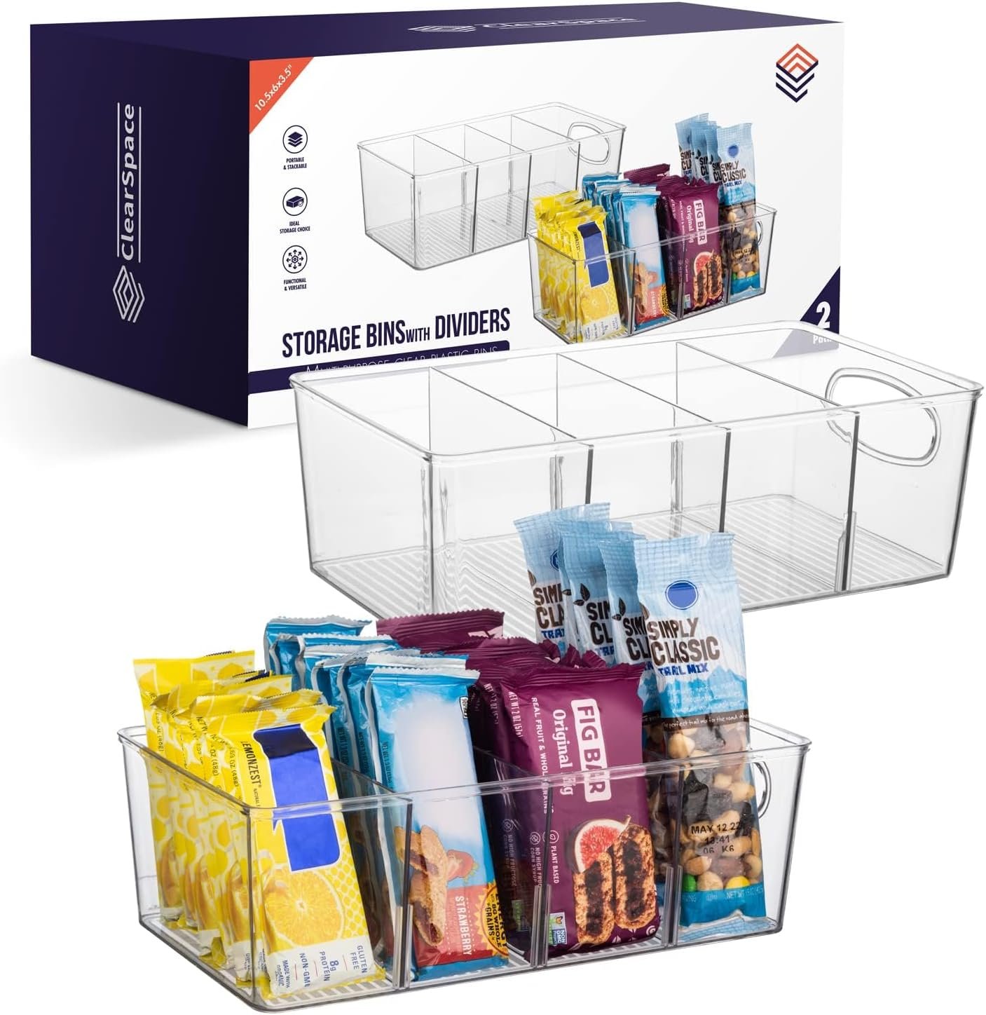 ClearSpace Plastic Pantry Organization and Storage Bins with Removable Dividers – Perfect Kitchen Organization or Kitchen Storage – Refrigerator Organizer Bins, Cabinet Organizers (2 Pack)