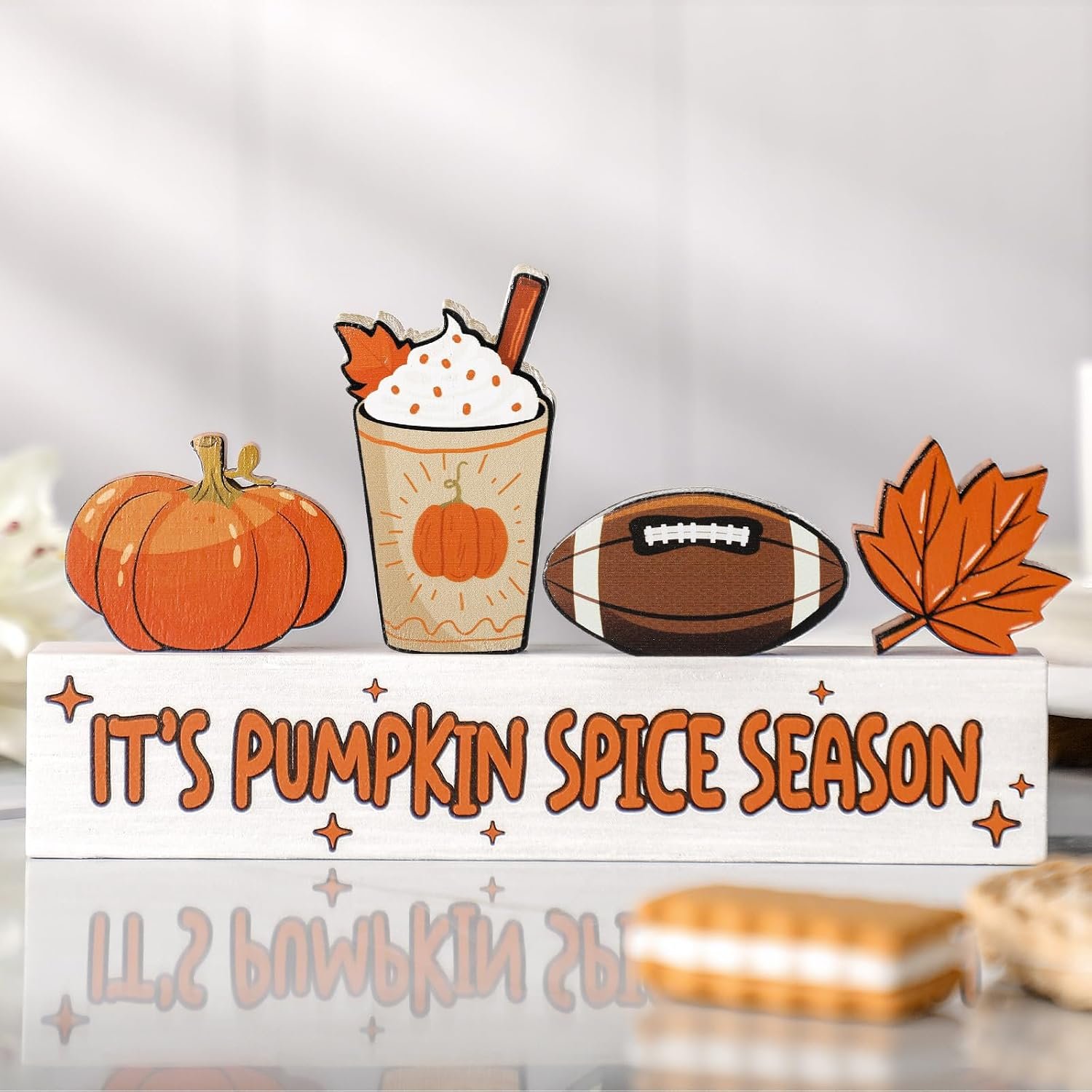 Geelin 5 Pcs Fall Decorations for Home Fall Football Tiered Tray Decor Rustic Wooden Maple Leaf Block Sign It’s Pumpkin Spice Season Thanksgiving Table Centerpiece for Farmhouse Autumn Harvest Party