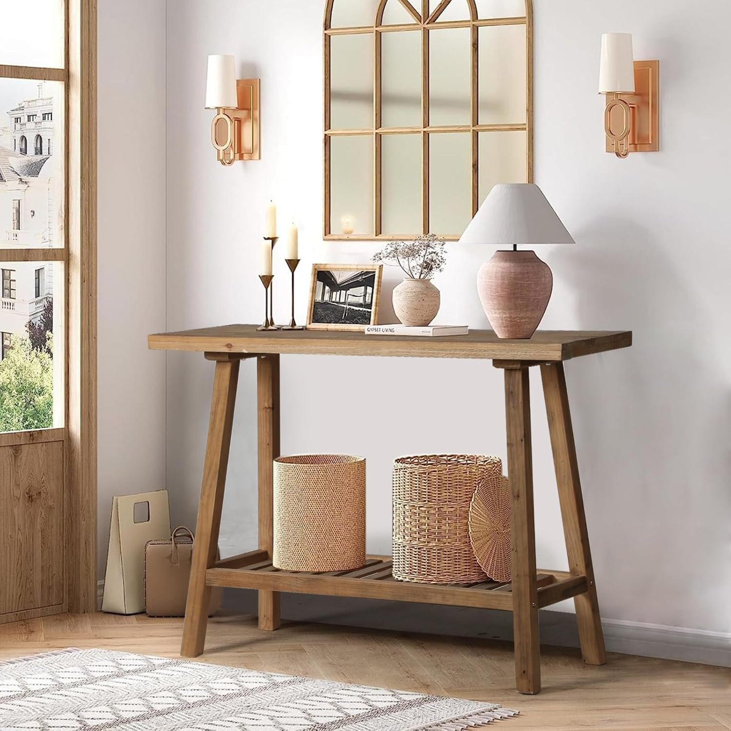 Reclaimed Solid Wood Console Table, 43.3″ Farmhouse Entryway Table | Narrow Couch Tables Behind Sofa, 2 Tiers Accent Tables, Hallway, Entrance, Foyer, Living Room