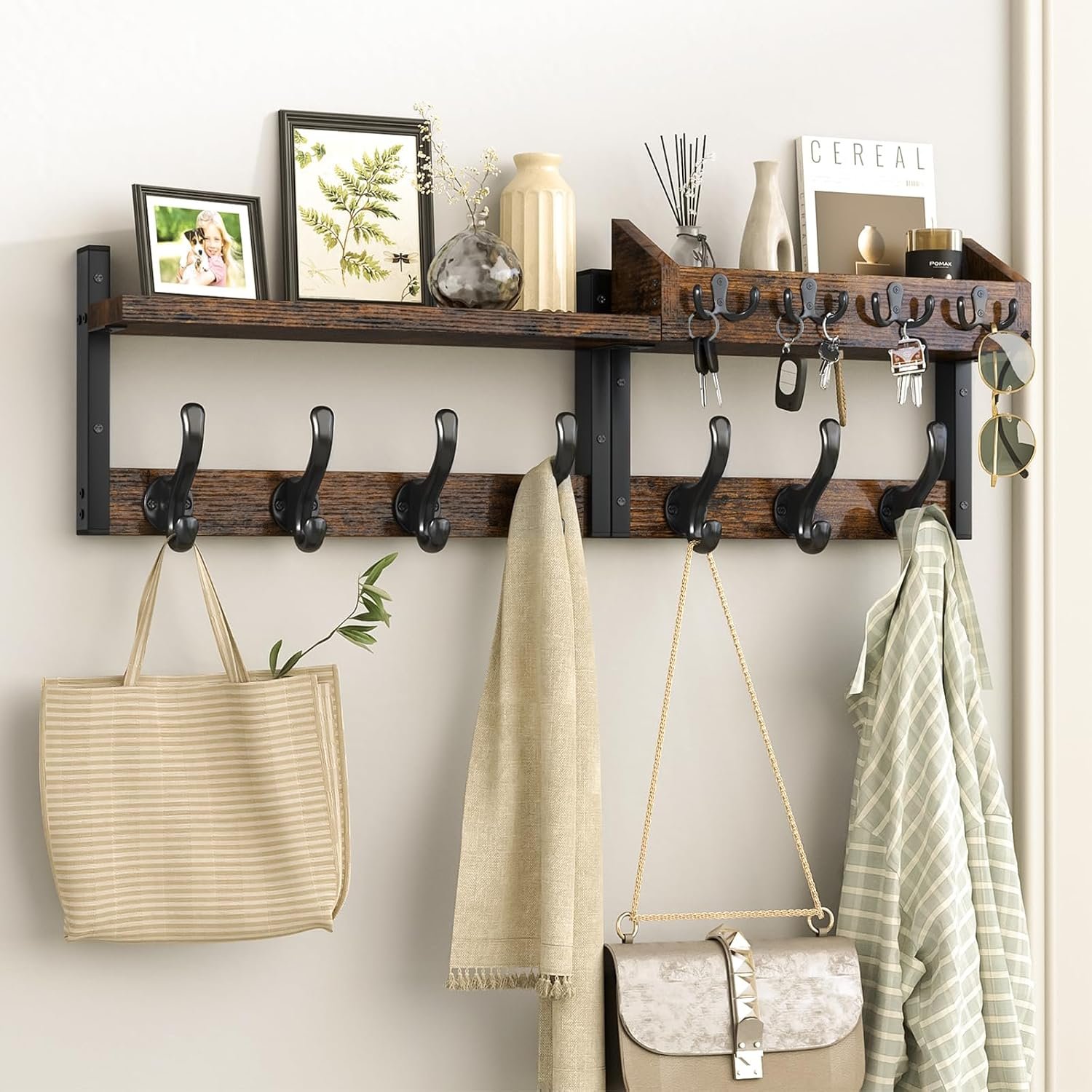 Evermagin 29″ Coat Rack Wall Mount with Shelf for Entryway, Rustic Brown | Wall Mounted Coat and Key Rack with Hooks, Key Holder with Mail Organizer for Wall, Living Room, Mudroom, Bedroom
