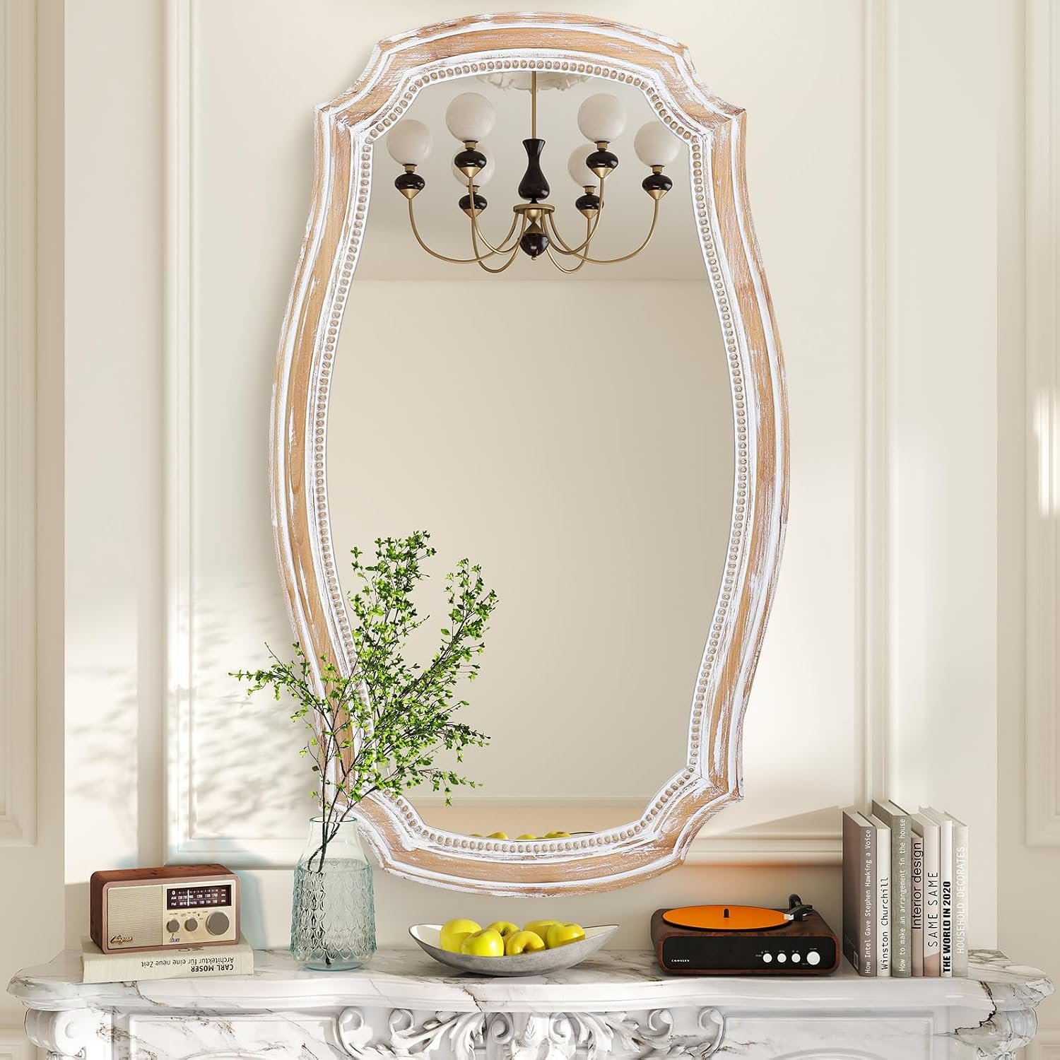 36×24 Inch Rustic Scalloped Wall Mirror, Distressed Wooden Beaded Mirrors | Horizontal or Vertical Display, HD Tempered Glass, Curved Edge Accent, for Bathroom Over Sink, Living Room, Entryway