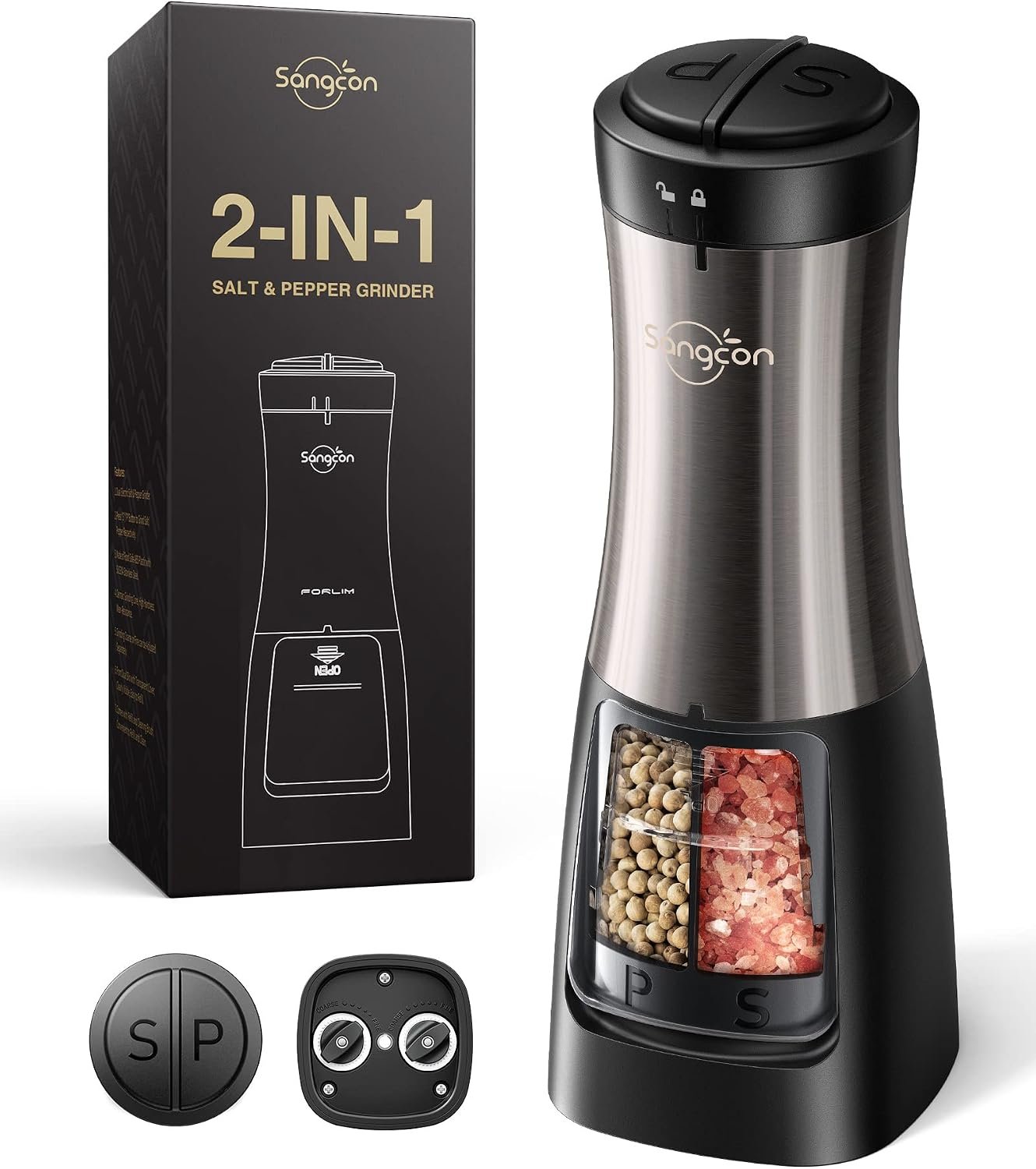 Sangcon 2-in-1 Automatic Electric Salt and Pepper Grinder with LED Light | Refillable dual 75ml chambers, 150ml capacity, one-handed buttons, adjustable coarseness, ceramic mills, battery powered