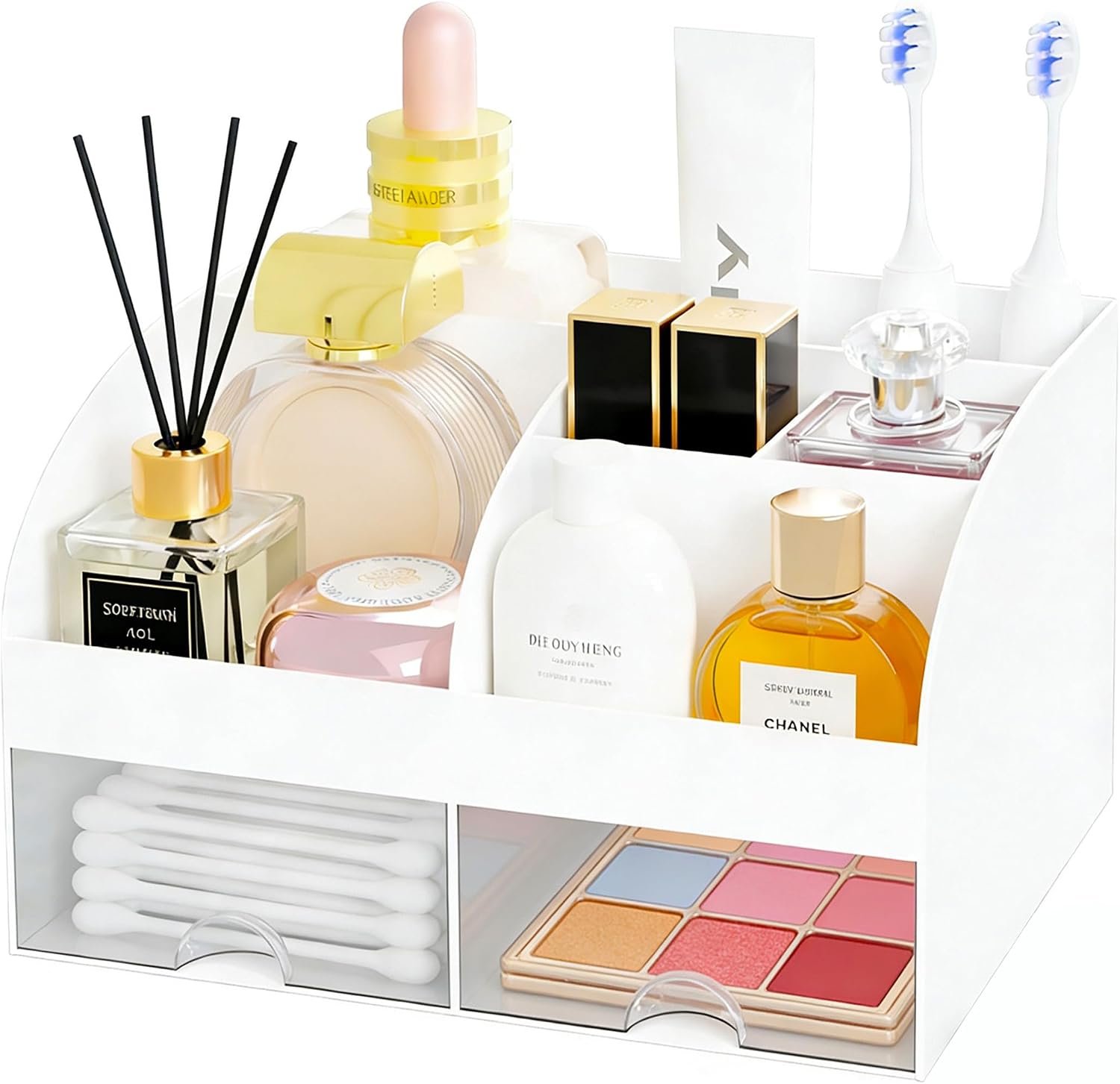 Makeup Organizer with 2 Drawers, Cosmetic Storage for Dresser Vanity and Bathroom Countertop,Make up organization and Skincare Storage with Beauty Brush Holder, Cosmetic Display Case (White)