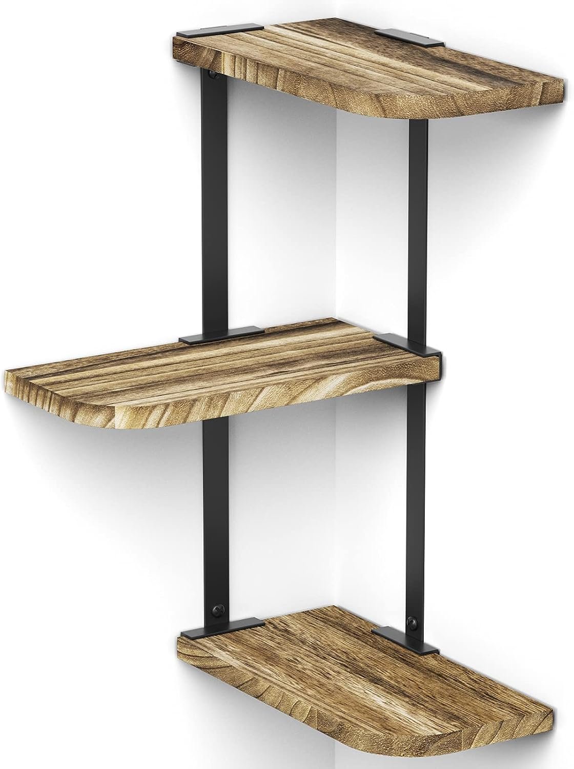 Love-KANKEI Corner Wall Shelf,3-Tier,Solid Wood,17″ Tall,Carbonized Black | Easy to Install,26 lb Capacity,Floating Shelves & Brackets,For Bedroom,Living Room,Bathroom.Kitchen,Office Display,Wall Decor