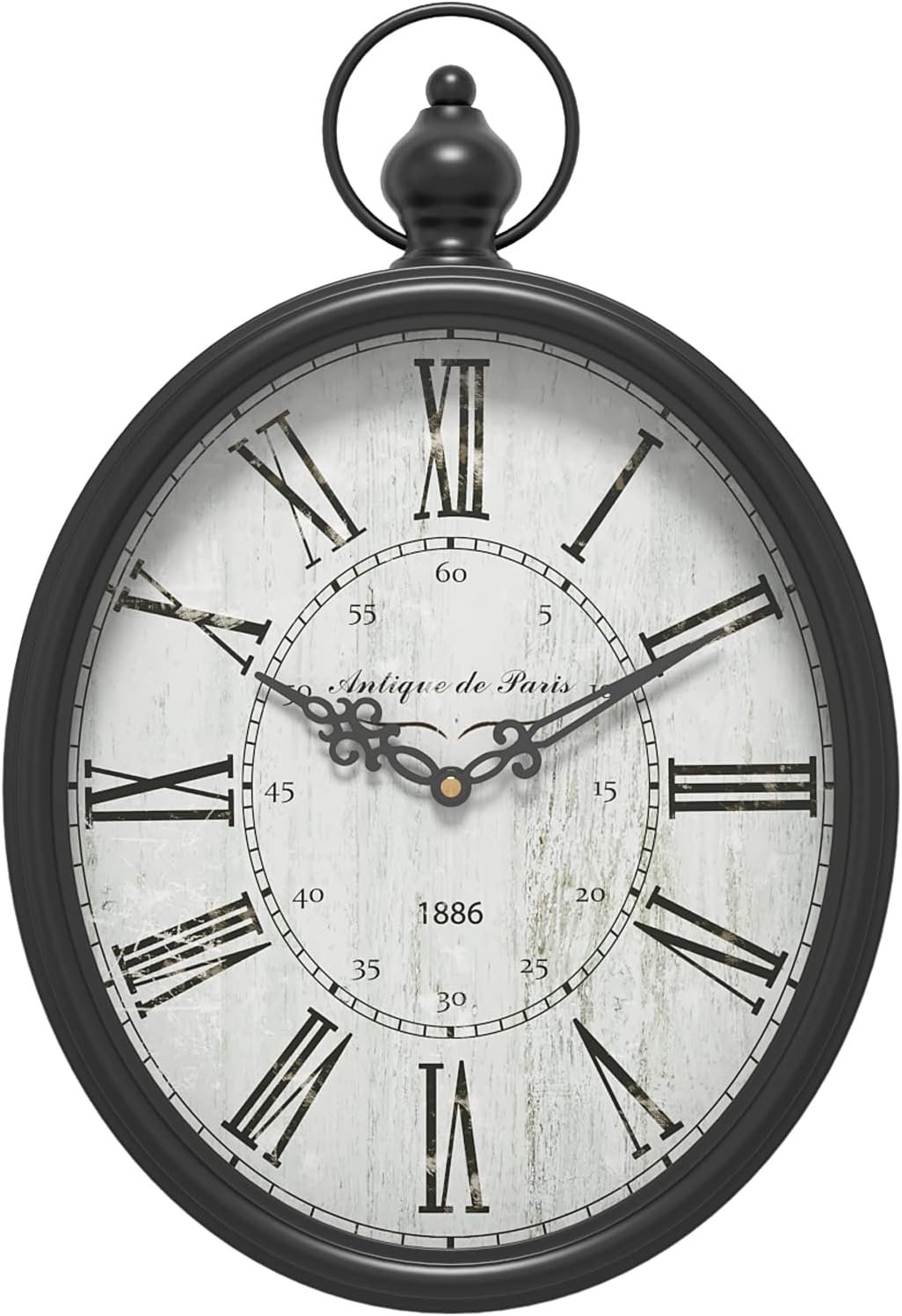 Menterry Large Oval Retro Wall Clock, Rustic Vintage Style, Antique Black | Battery Operated Silent Decor Wall Clocks for Living Room,Kitchen,Farmhouse,Office (15.5″ H x 10.5″ W)