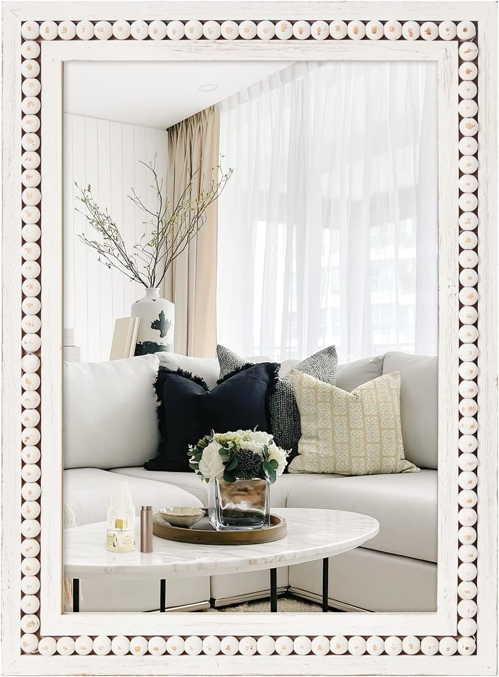 H HOMEWINS Rustic Wood Wall Mirror,Rectangle Bathroom Vanity Mirror | 22×30 Inch Wooden Farmhouse Boho White Beads Decorative Mirror for Bedroom, Living Room,Entryway,Over Sink