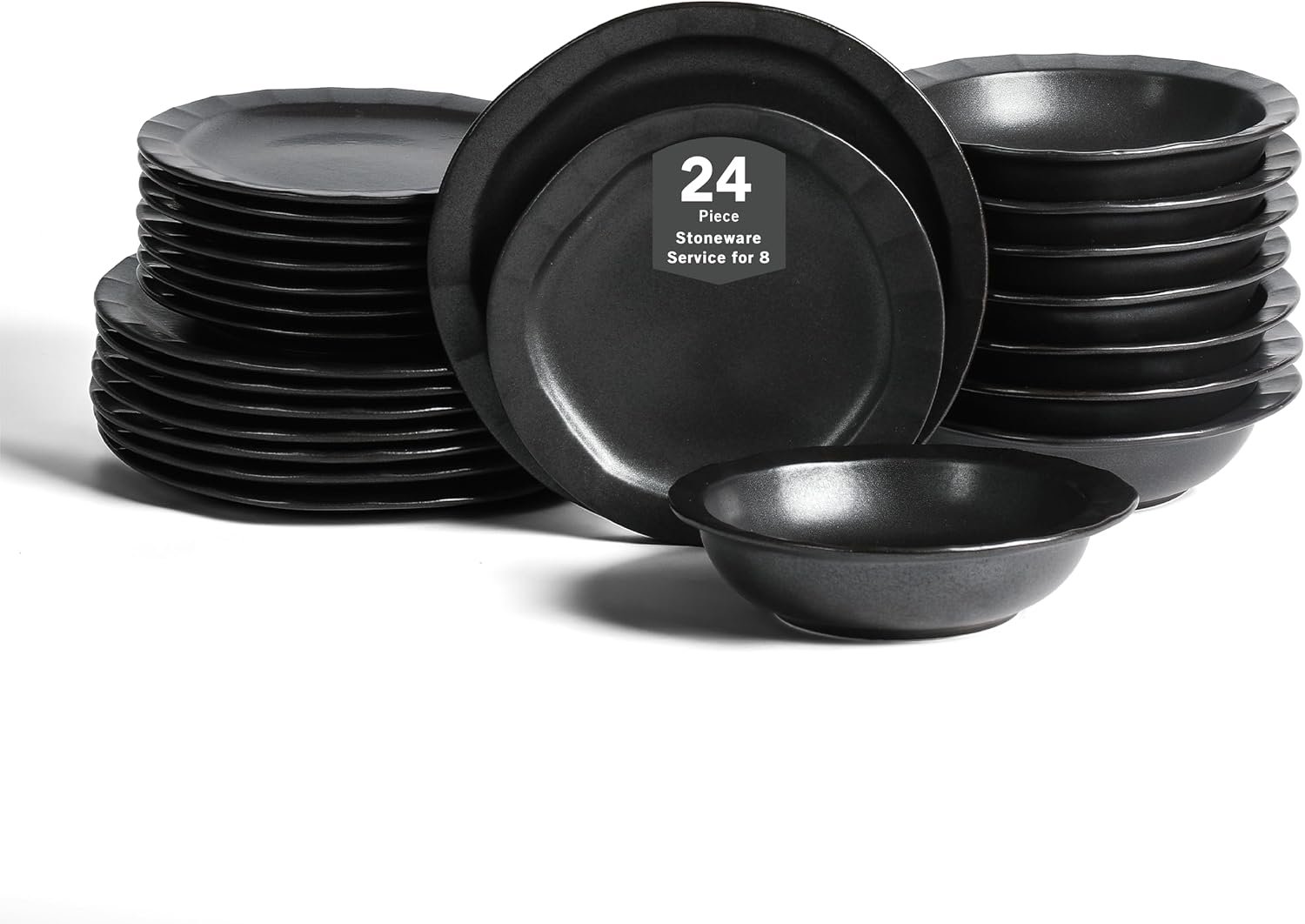 Stone Lain Oasis Stoneware 24 Piece Dinnerware Set, Home Kitchen Dish Set with Dinner Plates, Salad Plates & Bowls – Service for 8, Black
