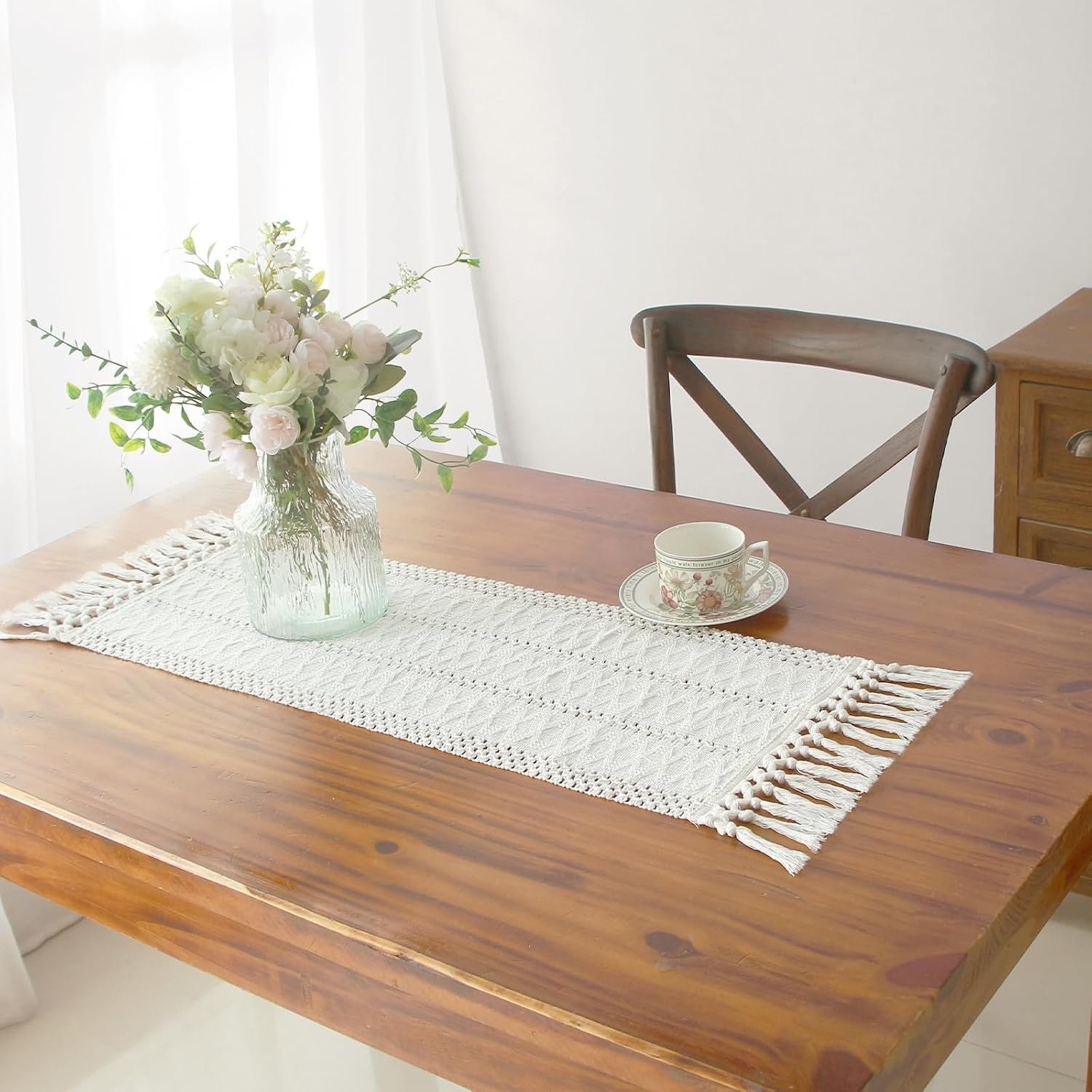 FEXIA Boho Table Runner with Tassels White for Fall Home Decor 12×36 Inch | 36 Inches White Modern Farmhouse Rustic Burlap Table Decoration for Bedroom Living Kitchen Dining Room Baby Bridal Shower