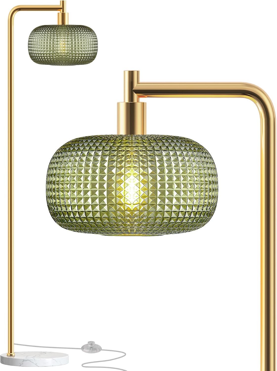 Modern Green Glass Floor Lamp for Living Room, Standing Lamp for Bedroom | 2700K LED Bulb Included, Brushed Gold, 67″ Tall Stand up Lamp, Large Diamond Glass Lampshade, Pedal Switch, Marble Base