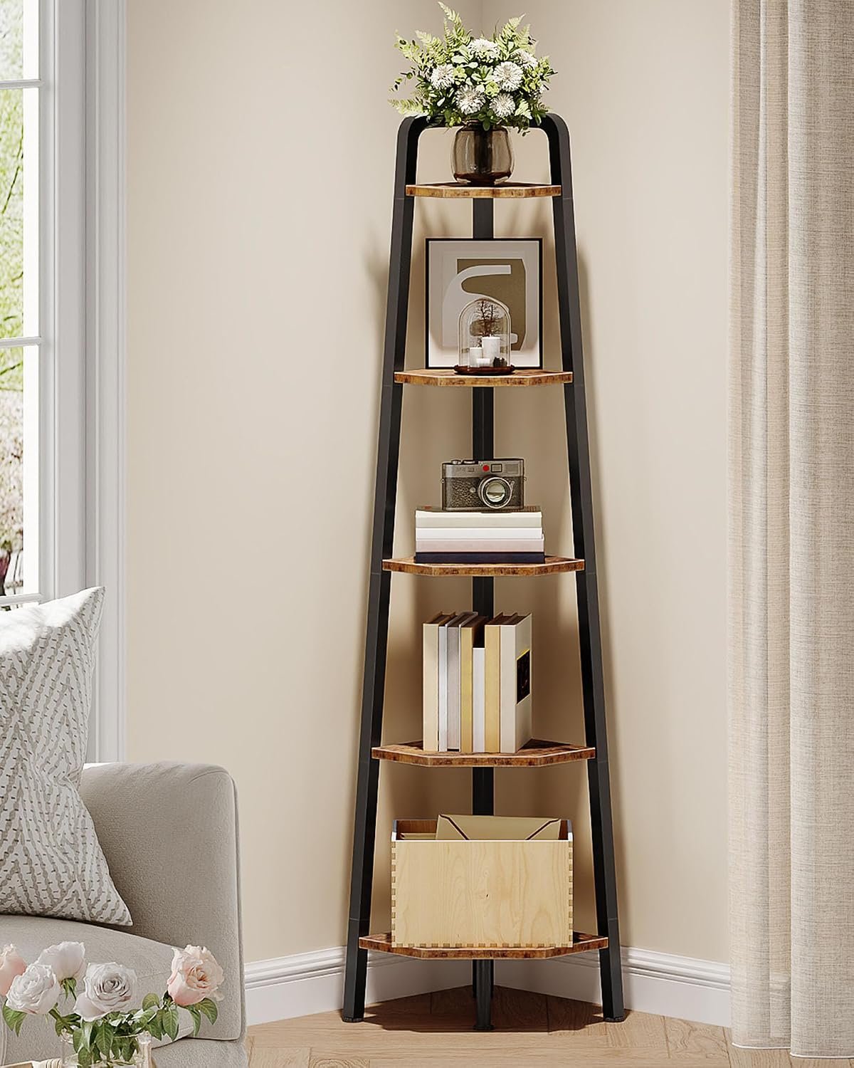 CHOEZON Corner Shelf, 5-Tier Ladder Corner Shelf, Ladder Bookshelf, 59.6″ Tall Vertical Display Stand, Metal Frame Bookshelf, for Living Room, Bedroom, Kitchen, Rustic Brown and Black TCJ20BF